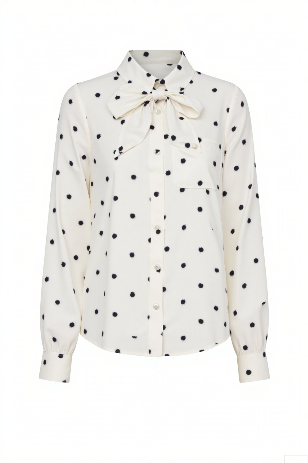 Garment Style
 
- This is a long - sleeved blouse. It features a classic collar and a button - up front. The overall cut is tailored to fit the body moderately, offering a neat and refined silhouette. The fabric appears to be light and flowing, likely silk or a silk - like material.
 
Matching
 
- There are no additional accessories shown in the image. However, the blouse itself is a versatile piece that can be paired with various bottoms such as tailored trousers, pencil skirts, or A - line skirts for different looks.
 
Decoration
 
- The blouse is adorned with a pattern of evenly - spaced black polka dots on a white background, which gives it a playful yet sophisticated look. A prominent decorative element is the large bow at the neckline, tied in a neat knot, adding a feminine and stylish touch. There is also a single pocket on the left side of the chest, which is both functional and aesthetically pleasing.
 
Background
 
- The background should be plain white. A clean, minimalist background ensures that all attention is focused on the blouse, highlighting its details, pattern, and overall design without any distractions.