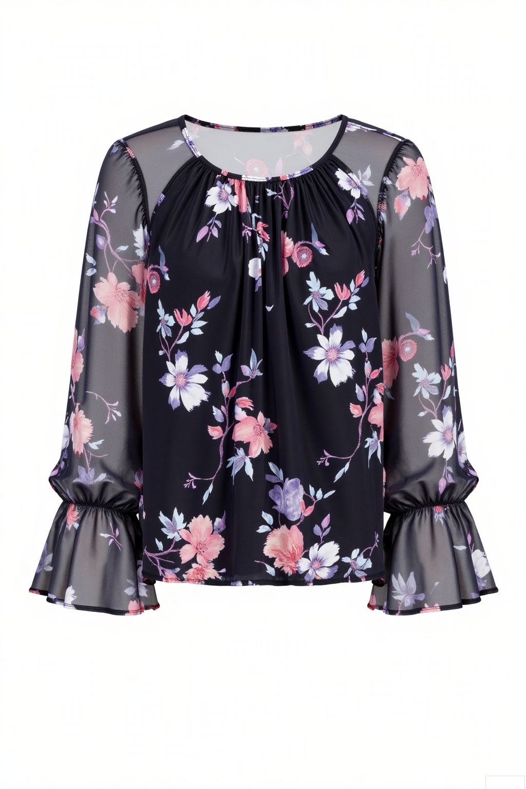 A long - sleeved chiffon printed top. The overall color is black, adorned with soft - colored floral patterns, including pink, white, and light blue flowers as well as purple branches and leaves. The neckline is round, with a light - colored trim along the edge. The top features pleated designs, adding a sense of layering. The sleeves are in a flared style. The material is light and floaty, and the style leans towards being sweet and elegant. The background is white.