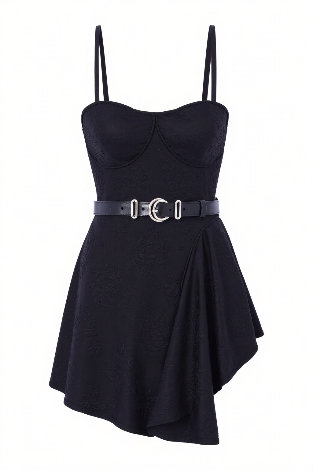 Overall
The main subject is a short dress with an edgy yet elegant overall look.
 
Garment Style
 
- It is a strappy dress with thin shoulder straps. The bodice features a sweetheart neckline, giving it a feminine touch. The waist is cinched, and the skirt has a flared design with an asymmetrical ruffled layer, adding a dynamic and stylish element.
 
Matching
 
- The dress is accessorized with a double - belt around the waist. The belts are black, made of leather - like material, and have metallic O - rings as buckles, which not only accentuate the waist but also add a punk - inspired touch.
 
Decoration
 
- The dress is adorned with an embossed floral pattern all over, which gives it texture and a sense of luxury. The embossed design makes the floral motifs stand out subtly against the dark fabric.
 
Background
 
- The background should be plain white. This minimalist background helps to keep the focus entirely on the dress, highlighting its details, colors, and overall silhouette.
 
Image Quality
 
- Ensure the image has high - definition, sharp details, and accurate color reproduction. The lighting should be well - balanced to showcase the texture of the fabric, the sheen of the belts, and the embossed pattern clearly.