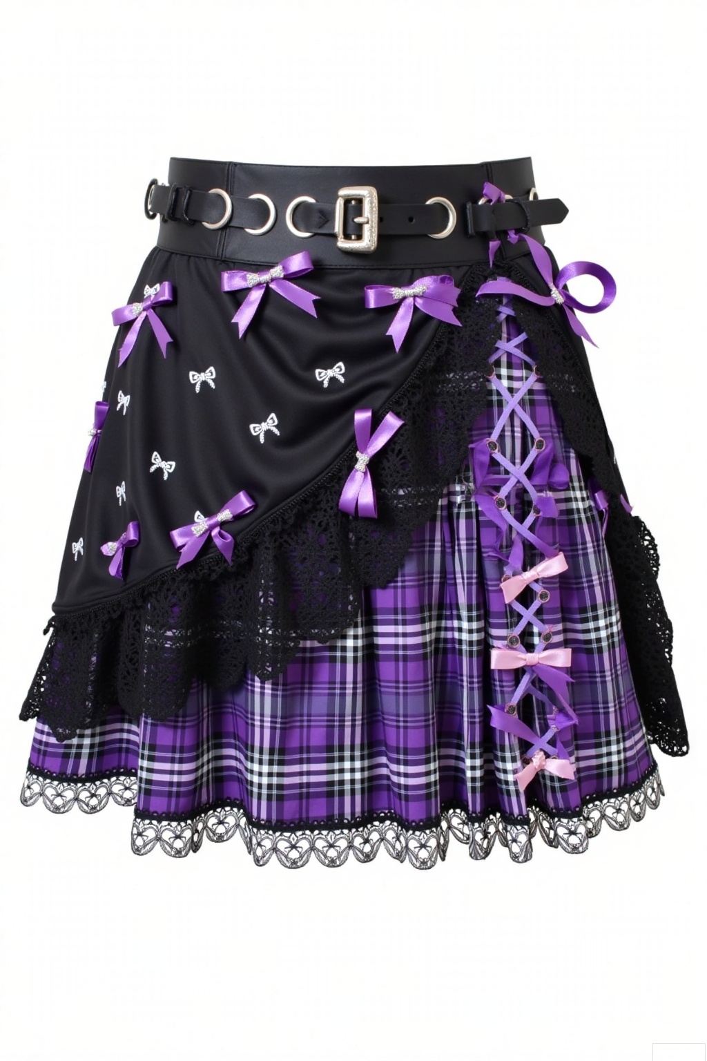 This is a uniquely - designed short skirt. The main body of the skirt consists of two parts: purple plaid and black lace, paired with a wide black belt featuring metal eyelets and a double - buckle design. The purple plaid part has multiple tiers of ruffles, edged with black lace, and embellished with white bow embroidery and chain decorations. The black lace part has purple ribbon criss - cross lacing and several purple bows.