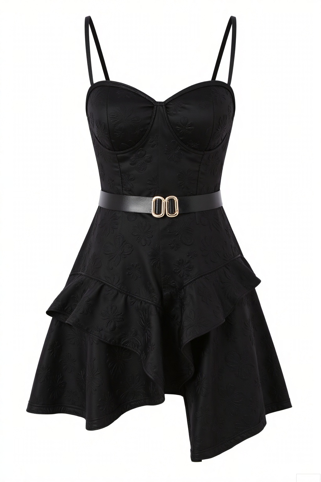 Overall
The main subject is a short dress with an edgy yet elegant overall look.
 
Garment Style
 
- It is a strappy dress with thin shoulder straps. The bodice features a sweetheart neckline, giving it a feminine touch. The waist is cinched, and the skirt has a flared design with an asymmetrical ruffled layer, adding a dynamic and stylish element.
 
Matching
 
- The dress is accessorized with a double - belt around the waist. The belts are black, made of leather - like material, and have metallic O - rings as buckles, which not only accentuate the waist but also add a punk - inspired touch.
 
Decoration
 
- The dress is adorned with an embossed floral pattern all over, which gives it texture and a sense of luxury. The embossed design makes the floral motifs stand out subtly against the dark fabric.
 
Background
 
- The background should be plain white. This minimalist background helps to keep the focus entirely on the dress, highlighting its details, colors, and overall silhouette.
 
Image Quality
 
- Ensure the image has high - definition, sharp details, and accurate color reproduction. The lighting should be well - balanced to showcase the texture of the fabric, the sheen of the belts, and the embossed pattern clearly.