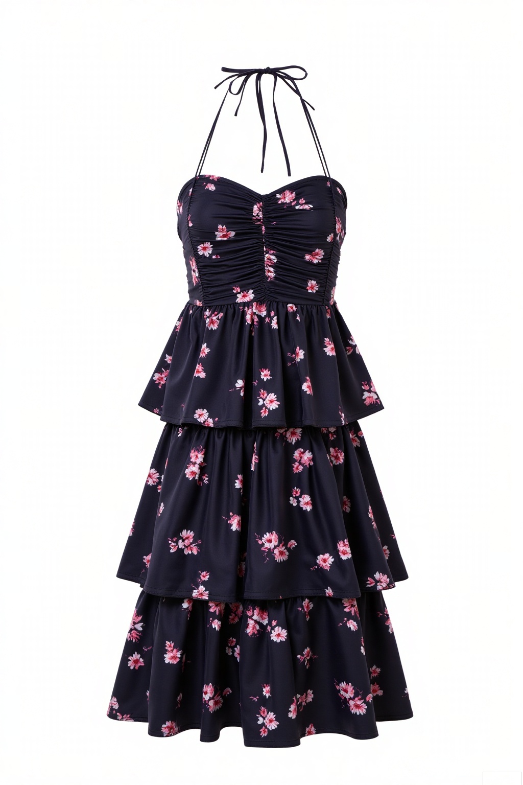 Garment Style
 
- It is a halter - style dress, with thin straps that tie at the back of the neck, leaving the shoulders bare. The bodice features a sweetheart neckline and ruched detailing, which creates a gathered effect and accentuates the curves. The skirt part is tiered, with multiple layers that give it a voluminous and playful appearance.
 
Decoration
 
- The dress is adorned with a pattern of small pink flowers scattered across a black fabric background. The floral print adds a feminine and charming touch to the garment.
 
Background
 
- The background should be plain white, which helps to highlight the dress, making its details and colors stand out prominently. Ensure that the lighting is soft and even to enhance the texture and contours of the dress, creating a professional and polished look for the final image.