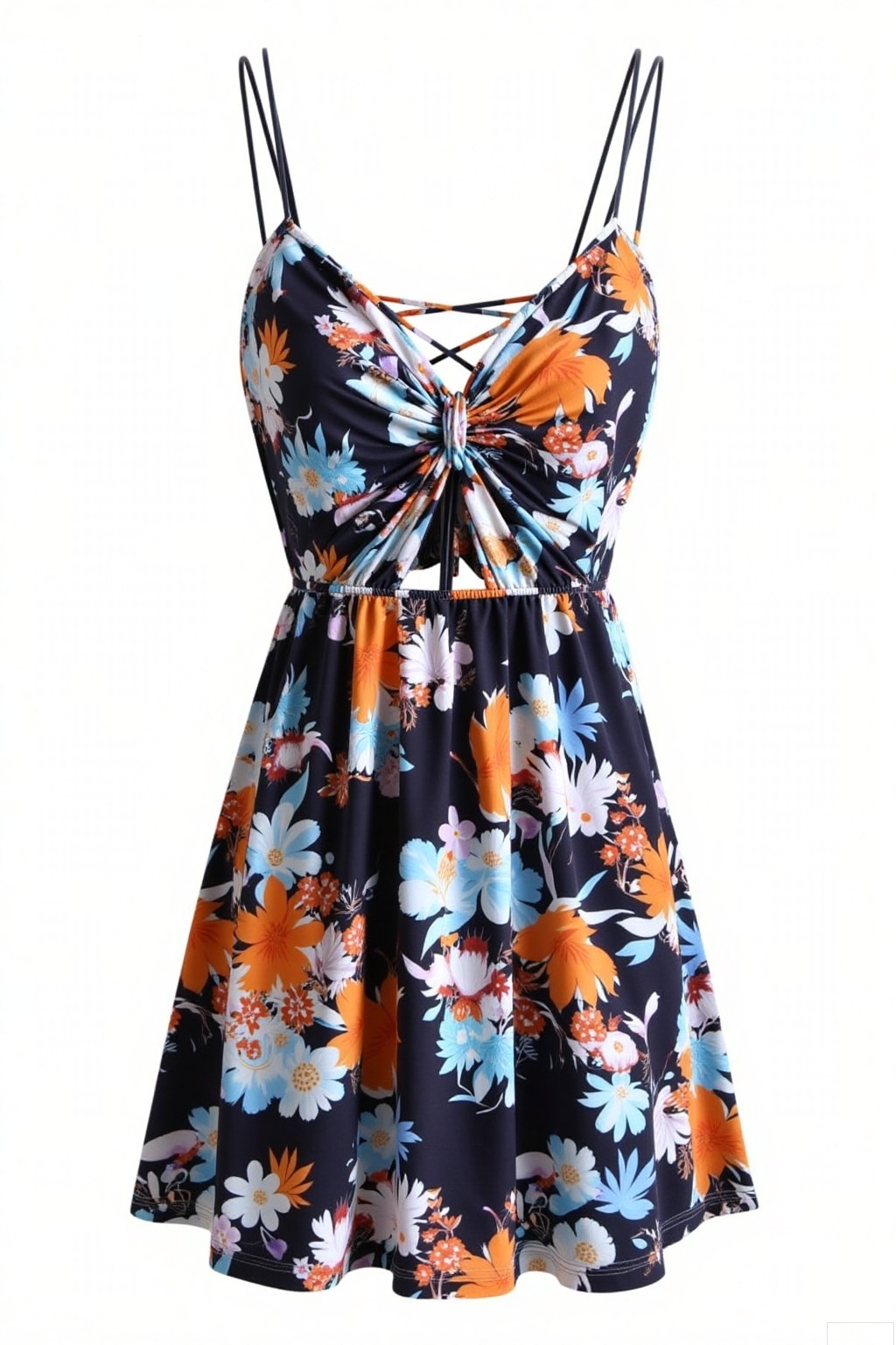 This is a spaghetti - strap dress with a criss - cross V - neck design and slender straps. The whole dress is covered with vivid floral patterns in colors like black, white, blue, and orange, exuding a lively and summery vibe. It has a nipped - in waist and the skirt flares out naturally in an A - line silhouette.