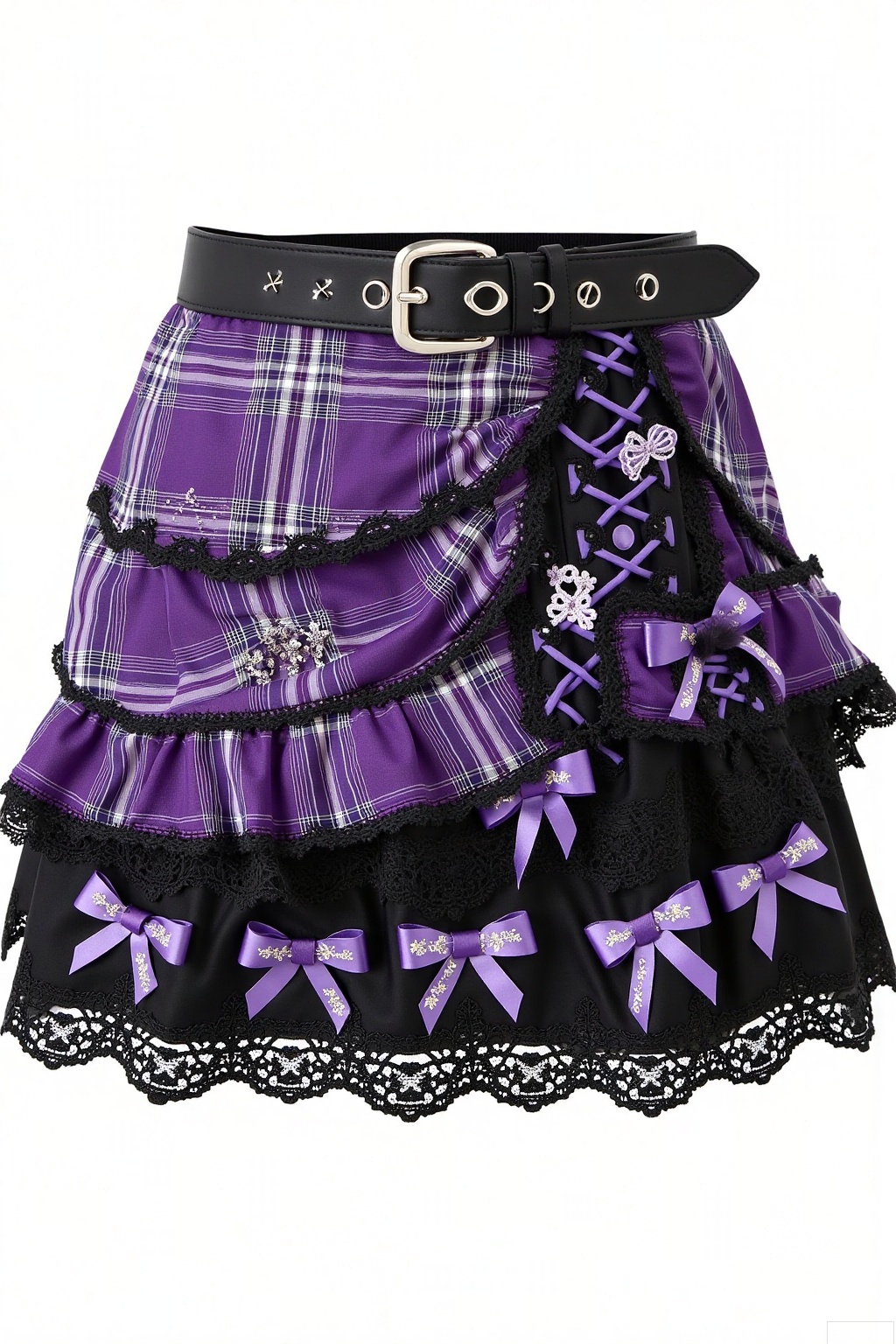 This is a uniquely - designed short skirt. The main body of the skirt consists of two parts: purple plaid and black lace, paired with a wide black belt featuring metal eyelets and a double - buckle design. The purple plaid part has multiple tiers of ruffles, edged with black lace, and embellished with white bow embroidery and chain decorations. The black lace part has purple ribbon criss - cross lacing and several purple bows.