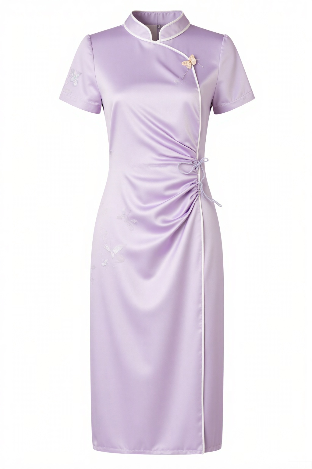 Overall
 
The main subject is a dress that exudes an air of elegance and traditional charm with a modern twist. It has a refined and graceful appeal suitable for both semi - formal and formal occasions.
 
Garment Style
 
- This is a knee - length, short - sleeved dress. It features a mandarin collar, a classic element that adds a sense of sophistication. The front of the dress has a traditional side - fastened placket with a loop and button closure, which is a nod to traditional Chinese clothing styles. There is ruched detailing on the left side of the waist, creating a subtle gathered effect that accentuates the figure. The overall cut is form - fitting, skimming the body's contours.
 
Matching
 
- No additional accessories are shown in the image. However, this dress can be paired with delicate jewelry such as pearl necklaces or jade earrings to enhance its classic look. It would also complement a pair of elegant high - heeled shoes, like pumps or strappy sandals. For cooler weather, a light - colored silk shawl or a tailored blazer could be added.
 
Decoration
 
- The dress is adorned with a delicate butterfly pattern in soft, muted tones that blend seamlessly with the light purple base color. The pattern gives the dress a whimsical and feminine touch. The trim around the collar and sleeves is a slightly lighter shade, adding a subtle contrast and enhancing the dress's refined details.
 
Background
 
- The background should be plain white. A clean, minimalist background ensures that all attention is focused on the dress, highlighting its details, pattern, and silhouette without any distractions.