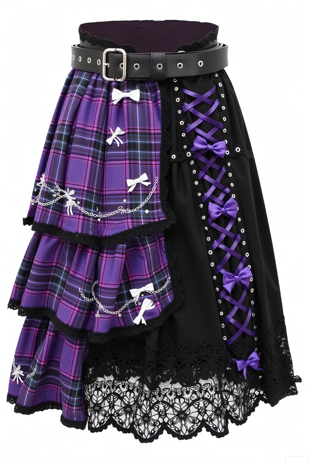 This is a uniquely - designed short skirt. The main body of the skirt consists of two parts: purple plaid and black lace, paired with a wide black belt featuring metal eyelets and a double - buckle design. The purple plaid part has multiple tiers of ruffles, edged with black lace, and embellished with white bow embroidery and chain decorations. The black lace part has purple ribbon criss - cross lacing and several purple bows.