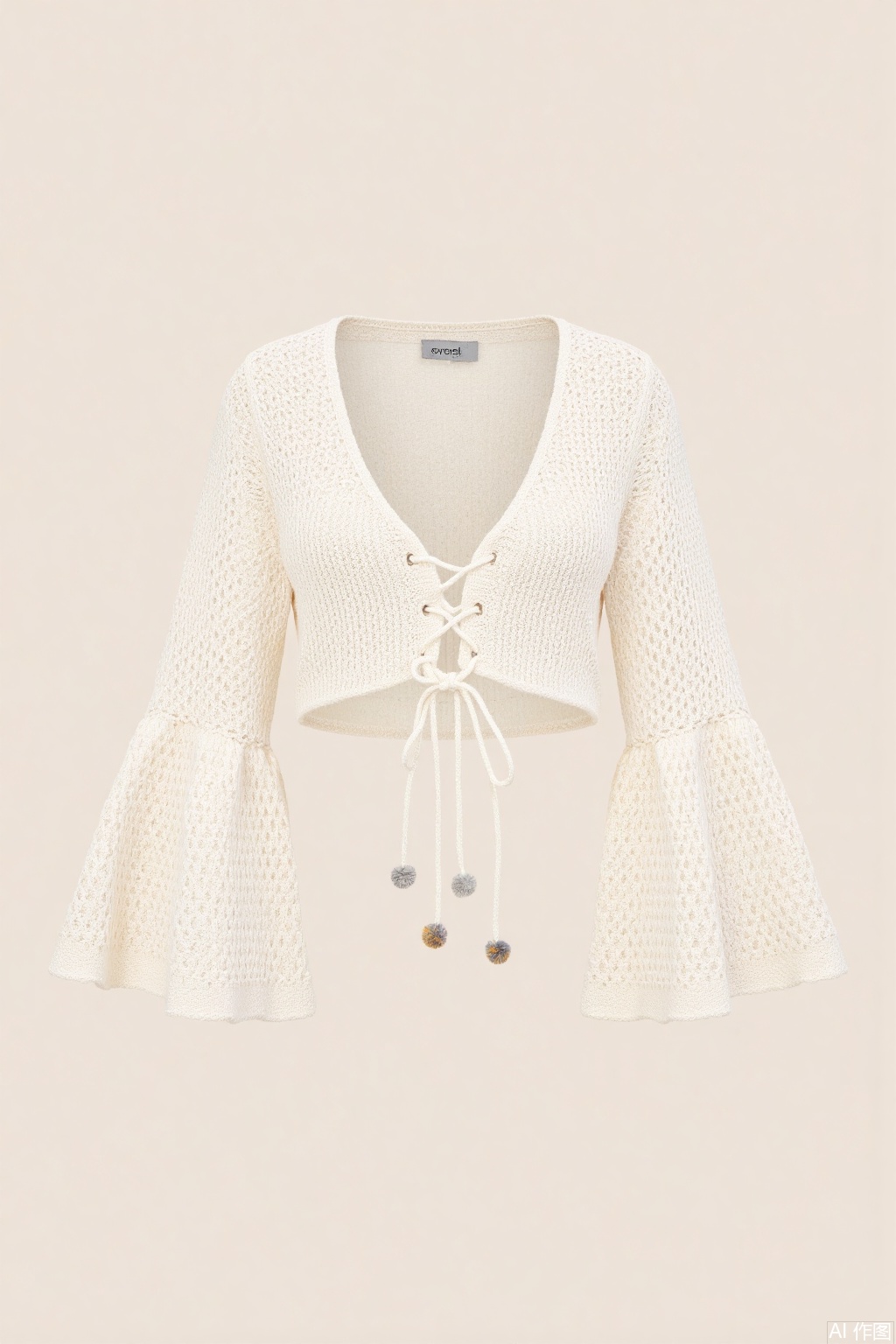 Overall
 
The main subject is a cropped knit top that exudes a sense of casual elegance and modern style. It has a contemporary and trendy appeal suitable for fashion - forward outfits.
 
Garment Style
 
- This is a long - sleeved knit top. It features a V - neckline, which adds a touch of femininity. The sleeves are bell - shaped, flaring out from the elbows, contributing to the stylish and retro - inspired look. The top is cropped, ending above the waist, which makes it perfect for pairing with high - waisted bottoms. The knit fabric has a loose, airy texture, suggesting it's suitable for warmer weather or layering.
 
Matching
 
- There are no additional accessories shown in the image. However, this top can be paired with high - waisted jeans, skirts (such as mini skirts or midi skirts), or wide - leg pants for a fashionable ensemble. It can also be layered over a camisole or under a blazer for different looks.
 
Decoration
 
- The top is decorated with a drawstring at the front, which can be adjusted to change the fit and look. The drawstring ends with small metallic or wooden beads, adding a subtle yet stylish detail. The knit pattern itself is a decorative element, with a textured, open - weave design that gives the top visual interest.
 
Background
 
- The background should be a plain, light - colored surface, preferably in a soft neutral tone like light beige or off - white. This type of background helps to highlight the top's details, color, and texture without any distractions.