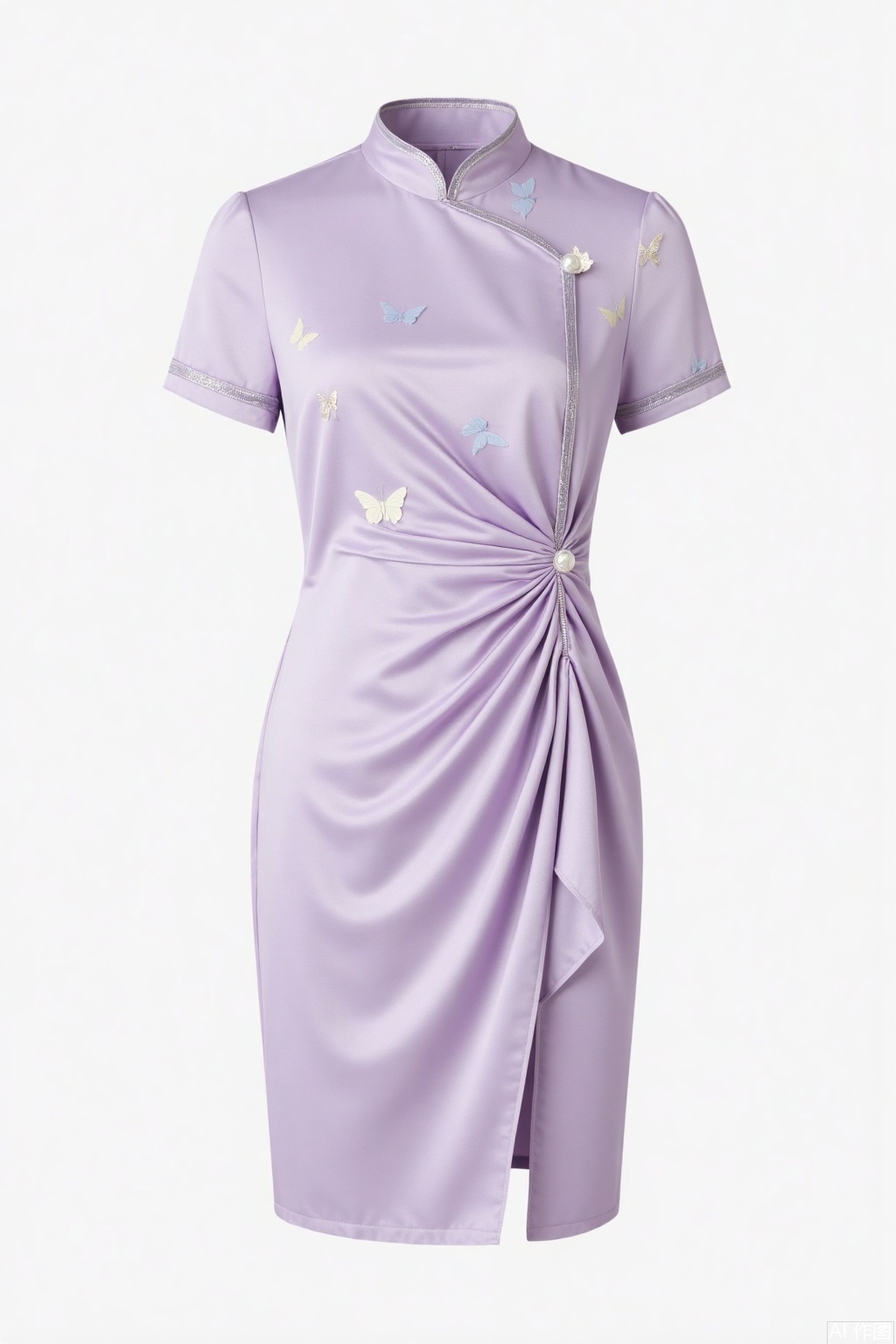 Overall
 
The main subject is a dress that exudes an air of elegance and traditional charm with a modern twist. It has a refined and graceful appeal suitable for both semi - formal and formal occasions.
 
Garment Style
 
- This is a knee - length, short - sleeved dress. It features a mandarin collar, a classic element that adds a sense of sophistication. The front of the dress has a traditional side - fastened placket with a loop and button closure, which is a nod to traditional Chinese clothing styles. There is ruched detailing on the left side of the waist, creating a subtle gathered effect that accentuates the figure. The overall cut is form - fitting, skimming the body's contours.
 
Matching
 
- No additional accessories are shown in the image. However, this dress can be paired with delicate jewelry such as pearl necklaces or jade earrings to enhance its classic look. It would also complement a pair of elegant high - heeled shoes, like pumps or strappy sandals. For cooler weather, a light - colored silk shawl or a tailored blazer could be added.
 
Decoration
 
- The dress is adorned with a delicate butterfly pattern in soft, muted tones that blend seamlessly with the light purple base color. The pattern gives the dress a whimsical and feminine touch. The trim around the collar and sleeves is a slightly lighter shade, adding a subtle contrast and enhancing the dress's refined details.
 
Background
 
- The background should be plain white. A clean, minimalist background ensures that all attention is focused on the dress, highlighting its details, pattern, and silhouette without any distractions.