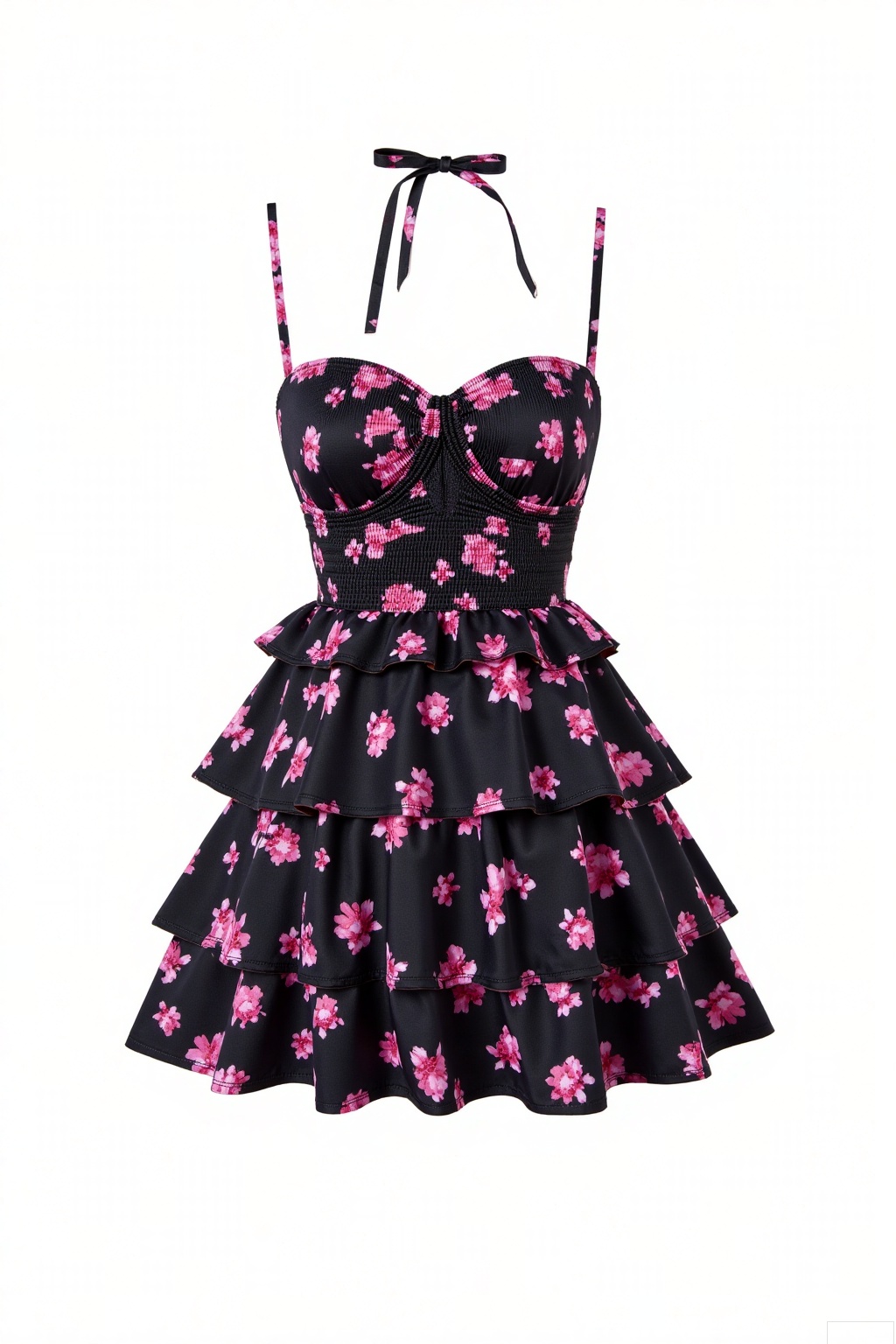 Garment Style
 
- It is a halter - style dress, with thin straps that tie at the back of the neck, leaving the shoulders bare. The bodice features a sweetheart neckline and ruched detailing, which creates a gathered effect and accentuates the curves. The skirt part is tiered, with multiple layers that give it a voluminous and playful appearance.
 
Decoration
 
- The dress is adorned with a pattern of small pink flowers scattered across a black fabric background. The floral print adds a feminine and charming touch to the garment.
 
Background
 
- The background should be plain white, which helps to highlight the dress, making its details and colors stand out prominently. Ensure that the lighting is soft and even to enhance the texture and contours of the dress, creating a professional and polished look for the final image.