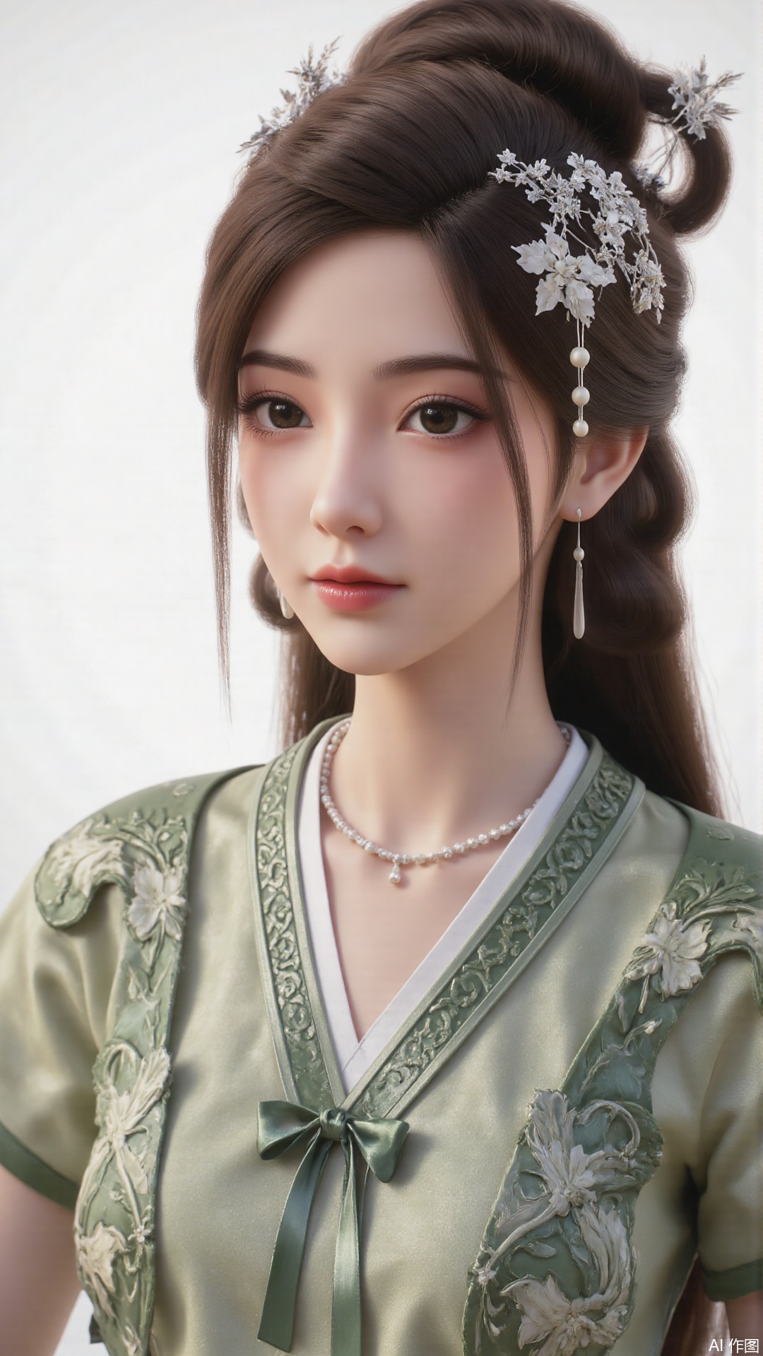 1girl, long hair, solo, green dress, hair ornament, black hair, chinese clothes, mischevious smile, perfect body, scenery, sharp focus, best quality, masterpiece, detailed outfit, illustration, perfect eyes, finely detailed beautiful anime eyes, realistic skin, intricate details, best lighting, depth of field, ultra high resolution, cowboy shot