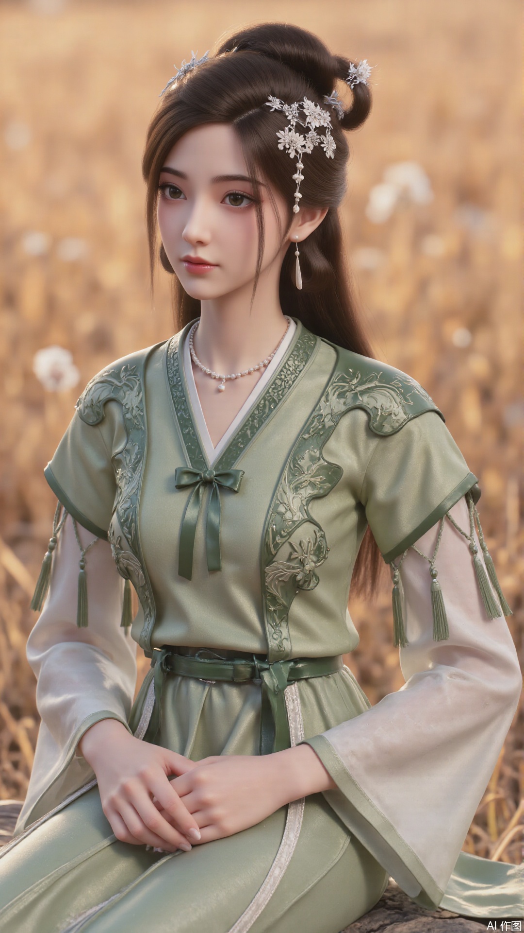 1girl, long hair, solo, green dress, hair ornament, black hair, chinese clothes, mischevious smile, perfect body, scenery, sharp focus, best quality, masterpiece, detailed outfit, illustration, perfect eyes, finely detailed beautiful anime eyes, realistic skin, intricate details, best lighting, depth of field, ultra high resolution, sitting