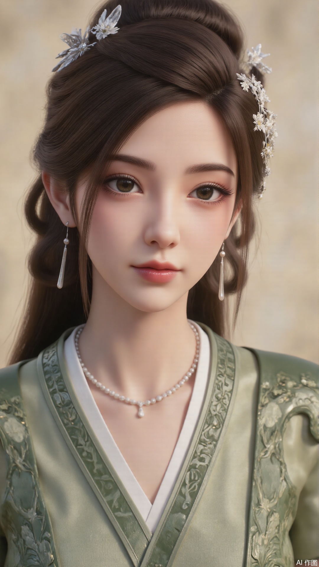 1girl, long hair, solo, green dress, hair ornament, black hair, chinese clothes, mischevious smile, perfect body, scenery, sharp focus, best quality, masterpiece, detailed outfit, illustration, perfect eyes, finely detailed beautiful anime eyes, realistic skin, intricate details, best lighting, depth of field, ultra high resolution, cowboy shot