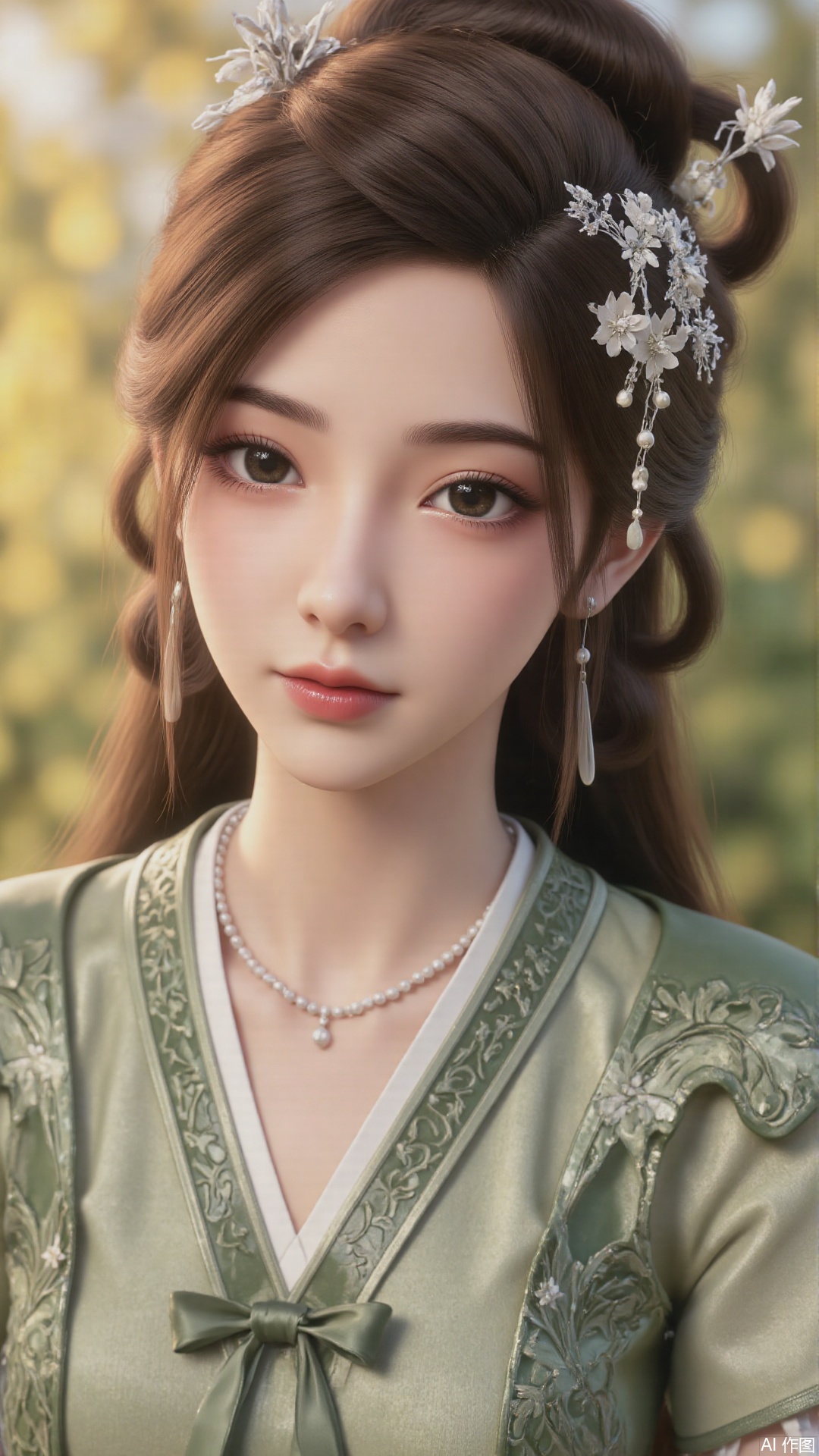 1girl, long hair, solo, green dress, hair ornament, black hair, chinese clothes, mischevious smile, perfect body, scenery, sharp focus, best quality, masterpiece, detailed outfit, illustration, perfect eyes, finely detailed beautiful anime eyes, realistic skin, intricate details, best lighting, depth of field, ultra high resolution, sitting