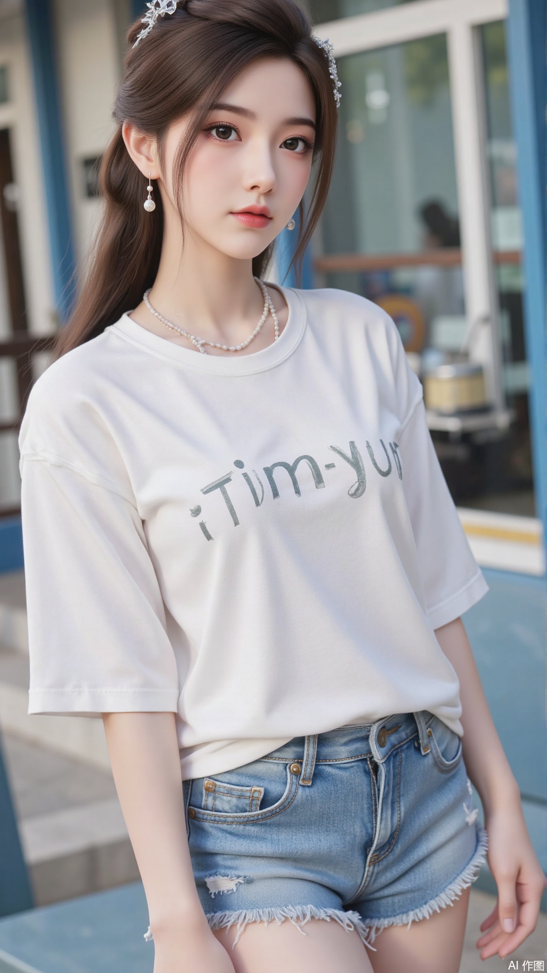 White t-shirt with ”Tim_Yi“ written on it, jeans shorts,1girl