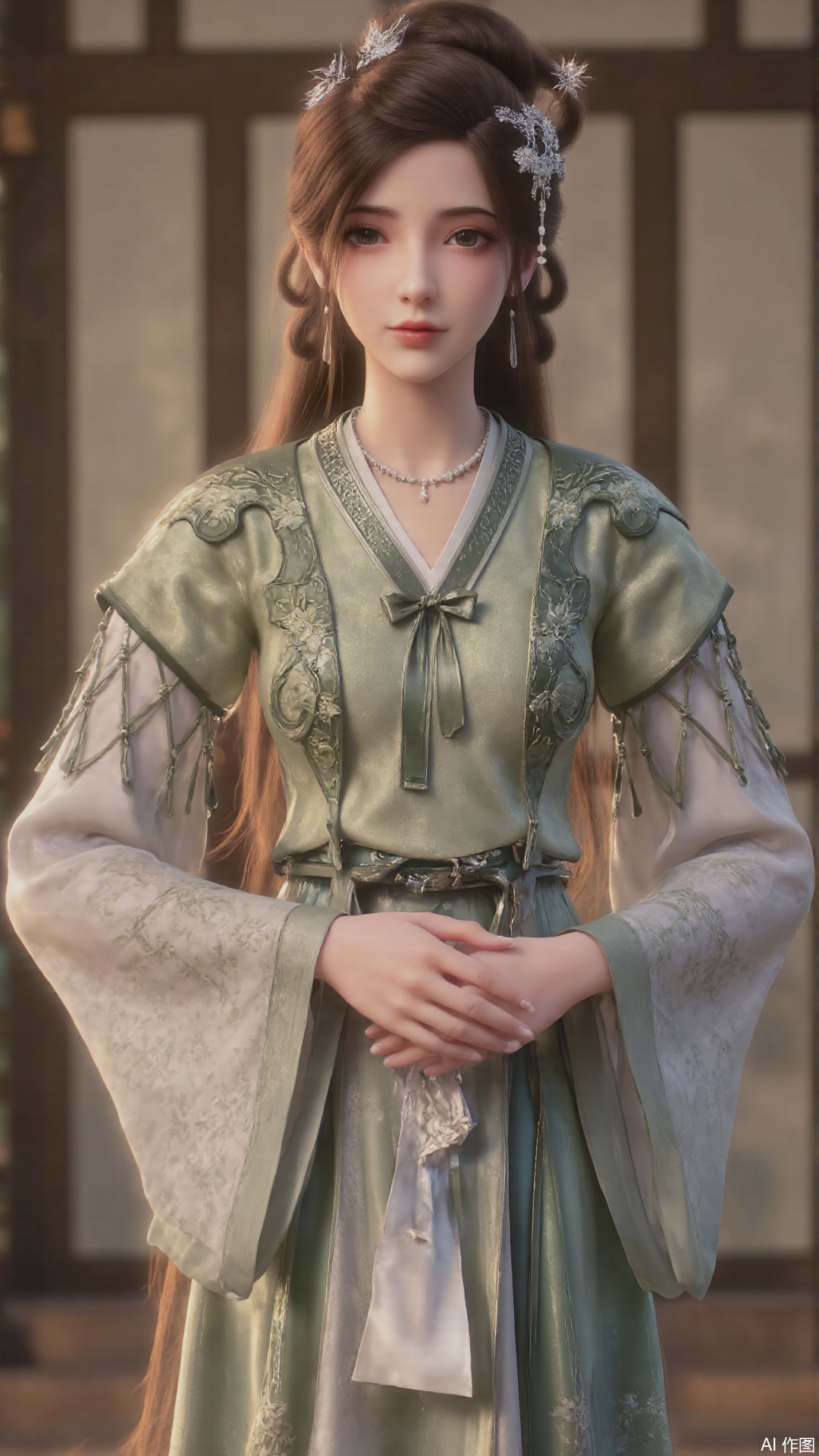 1girl, long hair, solo, green dress, hair ornament, black hair, chinese clothes, mischevious smile, perfect body, scenery, sharp focus, best quality, masterpiece, detailed outfit, illustration, perfect eyes, finely detailed beautiful anime eyes, realistic skin, intricate details, best lighting, depth of field, ultra high resolution, cowboy shot