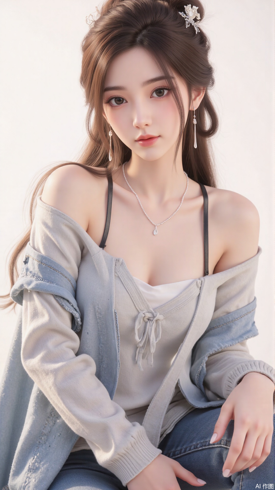 1girl, solo, long hair, looking at viewer, smile, sitting, collarbone, off shoulder, sweater, messy hair, realistic