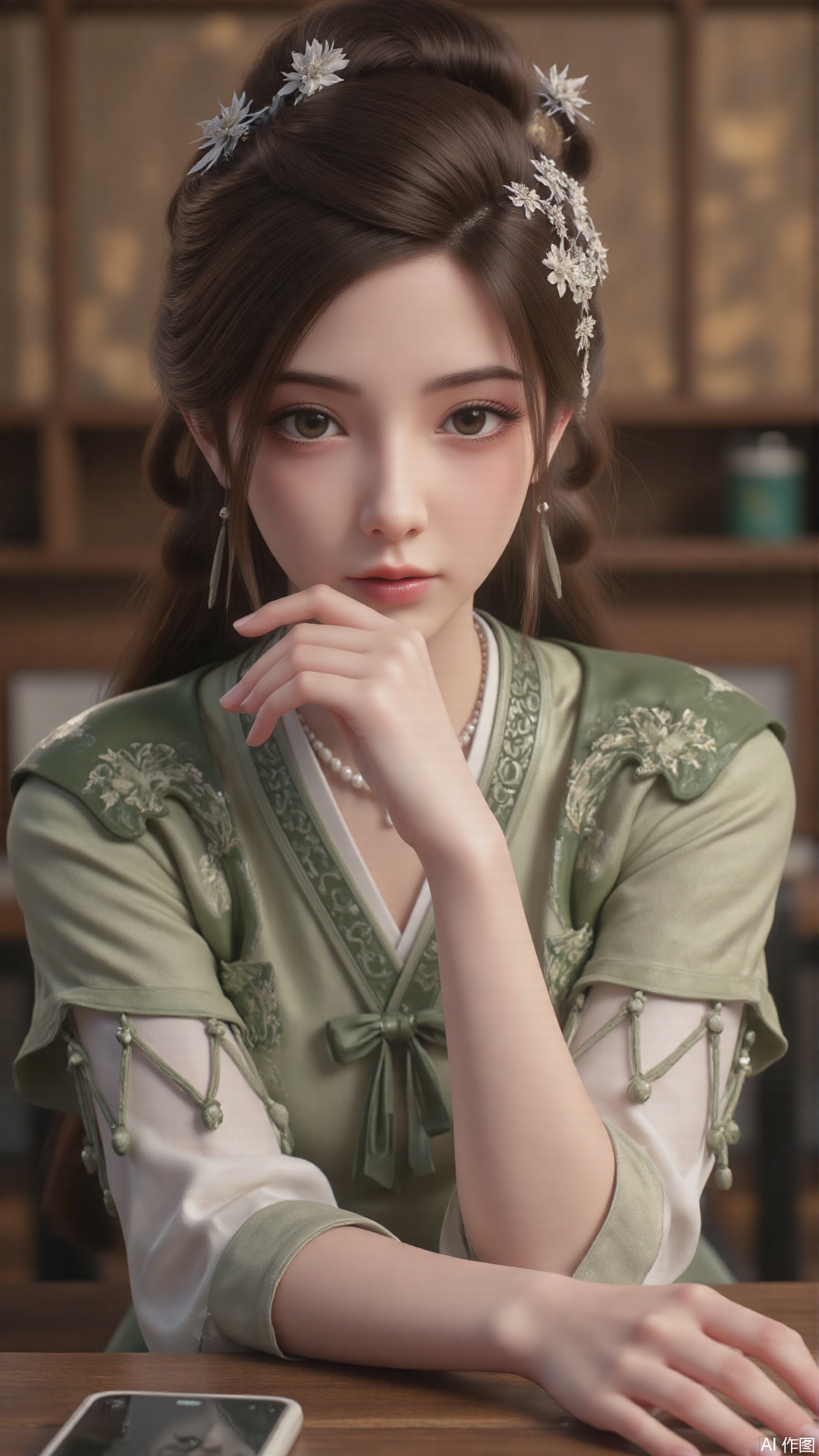 1girl, long hair, solo, green dress, hair ornament, black hair, chinese clothes, mischevious smile, perfect body, scenery, sharp focus, best quality, masterpiece, detailed outfit, illustration, perfect eyes, finely detailed beautiful anime eyes, realistic skin, intricate details, best lighting, depth of field, ultra high resolution, sitting