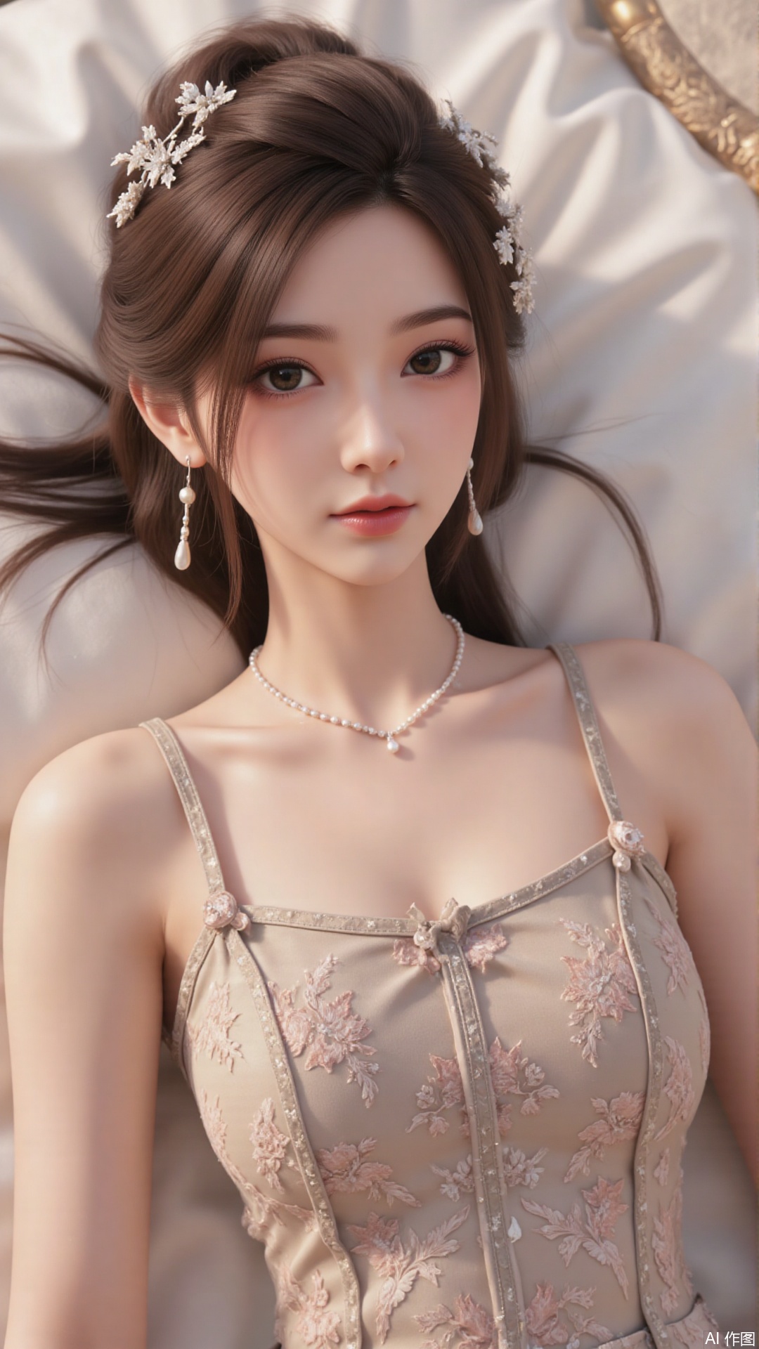 1girl, solo, jewelry, earrings, breasts, necklace, dress, realistic, bare shoulders, looking at viewer, lying, perfect body, scenery, sharp focus, best quality, masterpiece, detailed outfit, illustration, perfect eyes, finely detailed beautiful anime eyes, realistic skin, intricate details, best lighting, depth of field, ultra high resolution, bed, from above
