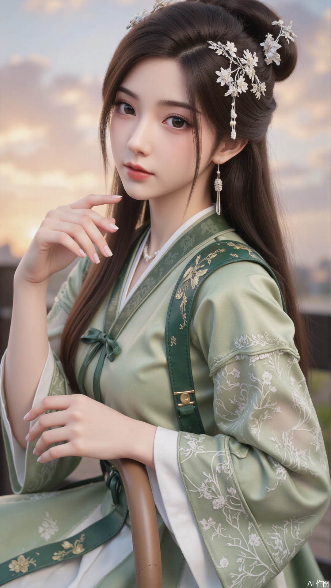 1girl, long hair, solo, green dress, hair ornament, black hair, chinese clothes, mischevious smile, perfect body, scenery, sharp focus, best quality, masterpiece, detailed outfit, illustration, perfect eyes, finely detailed beautiful anime eyes, realistic skin, intricate details, best lighting, depth of field, ultra high resolution, sitting