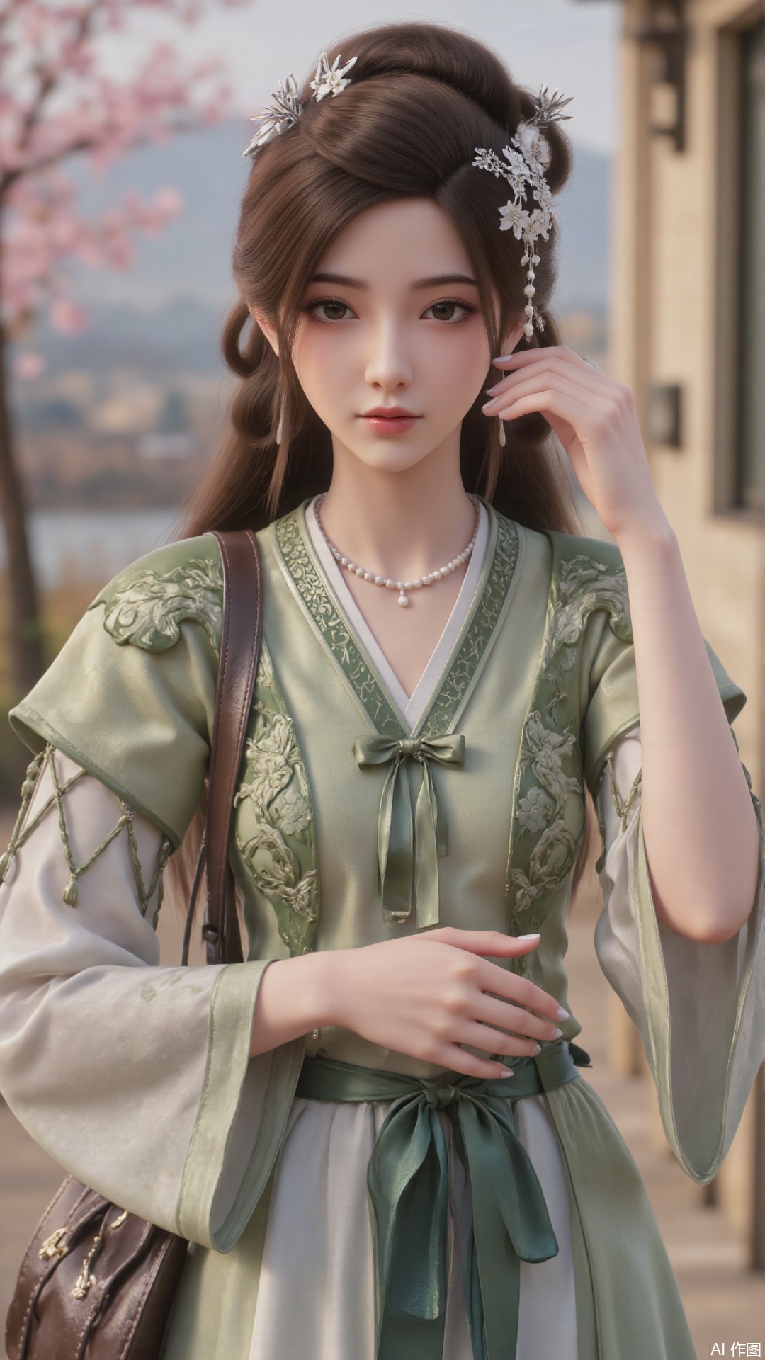 1girl, long hair, solo, green dress, hair ornament, black hair, chinese clothes, mischevious smile, perfect body, scenery, sharp focus, best quality, masterpiece, detailed outfit, illustration, perfect eyes, finely detailed beautiful anime eyes, realistic skin, intricate details, best lighting, depth of field, ultra high resolution, cowboy shot