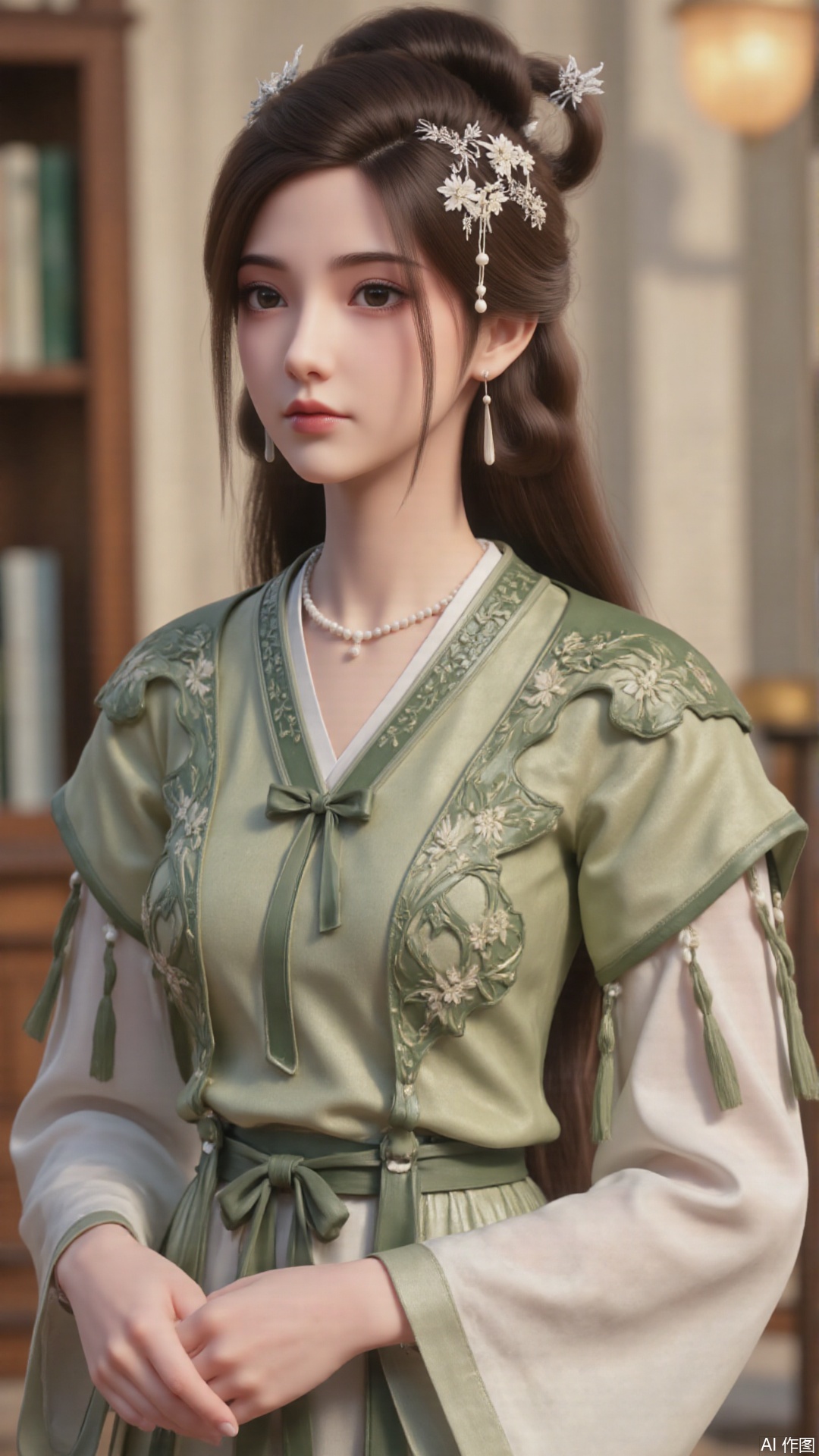 1girl, long hair, solo, green dress, hair ornament, black hair, chinese clothes, mischevious smile, perfect body, scenery, sharp focus, best quality, masterpiece, detailed outfit, illustration, perfect eyes, finely detailed beautiful anime eyes, realistic skin, intricate details, best lighting, depth of field, ultra high resolution, sitting