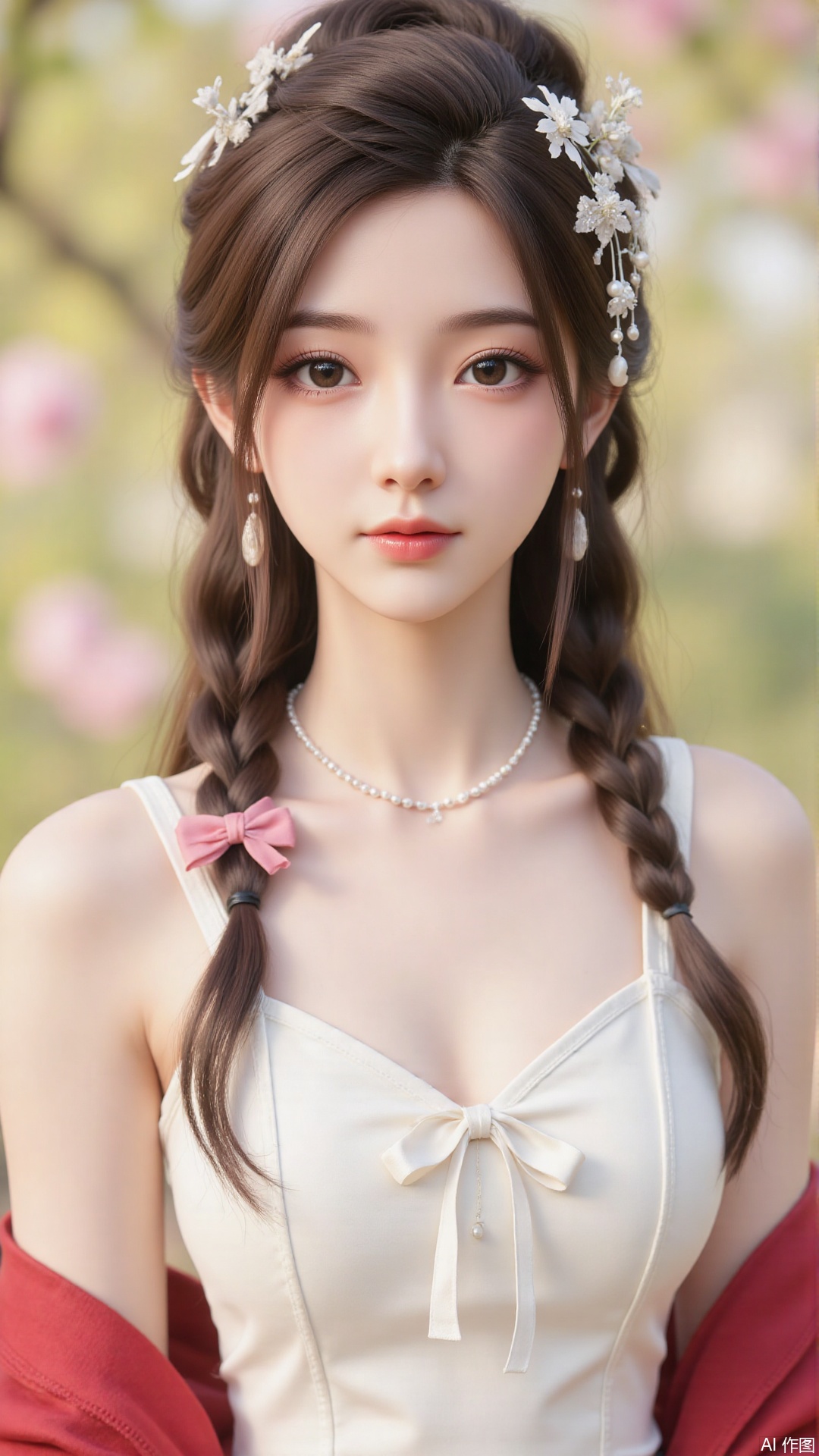 1girl,solo,jewelry,flower,hair flower,hair ornament,necklace,realistic,brown eyes,looking at viewer,dress,blurry background,twin braids,blurry,white dress,long hair,upper body,breasts,pink bow,red jacket,bare shoulders,lips,collarbone,outdoors,cleavage,large natural breast,soft breasts,huge Breasts
