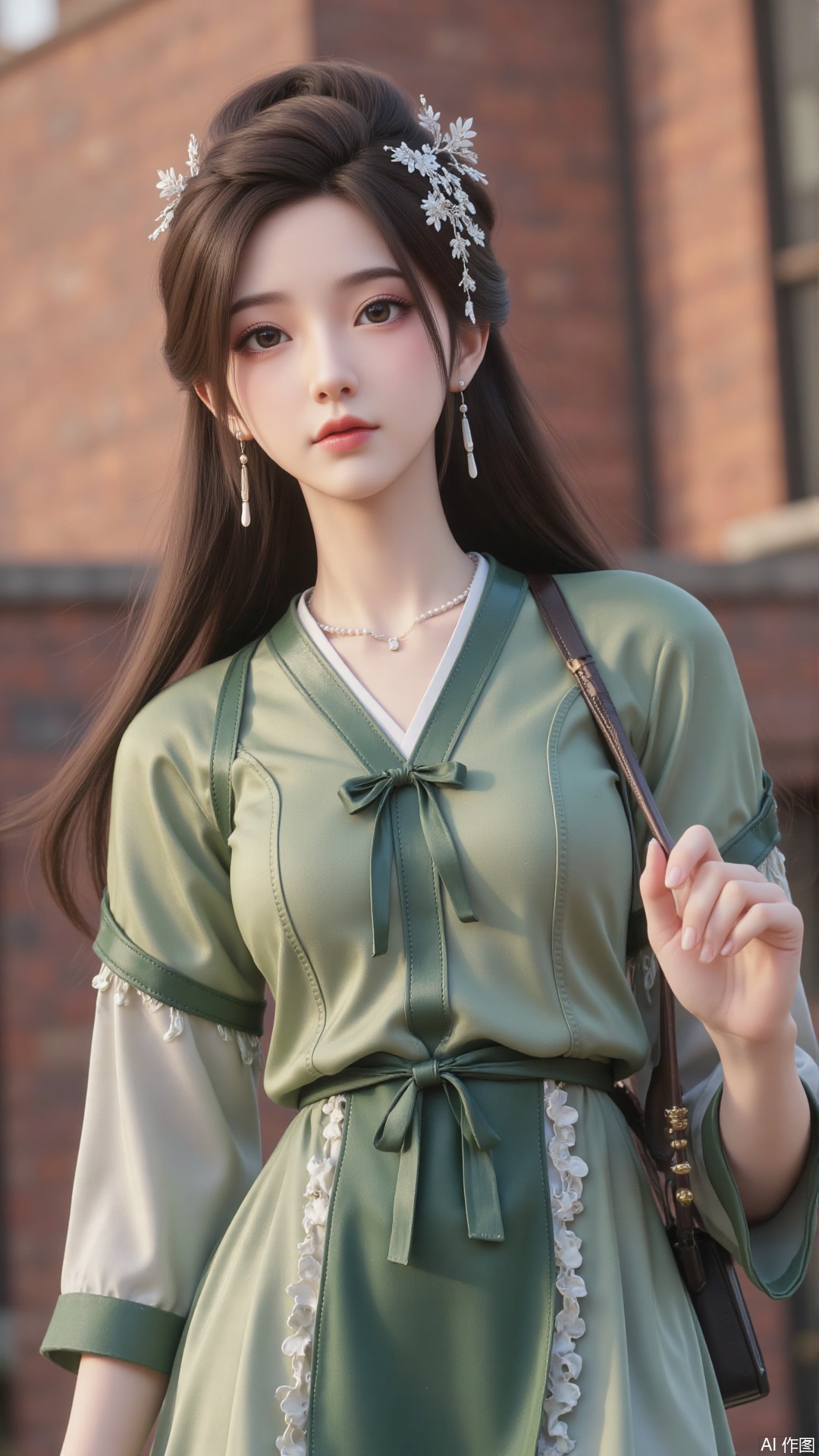 1girl, long hair, solo, green dress, hair ornament, black hair, chinese clothes, mischevious smile, perfect body, scenery, sharp focus, best quality, masterpiece, detailed outfit, illustration, perfect eyes, finely detailed beautiful anime eyes, realistic skin, intricate details, best lighting, depth of field, ultra high resolution, cowboy shot