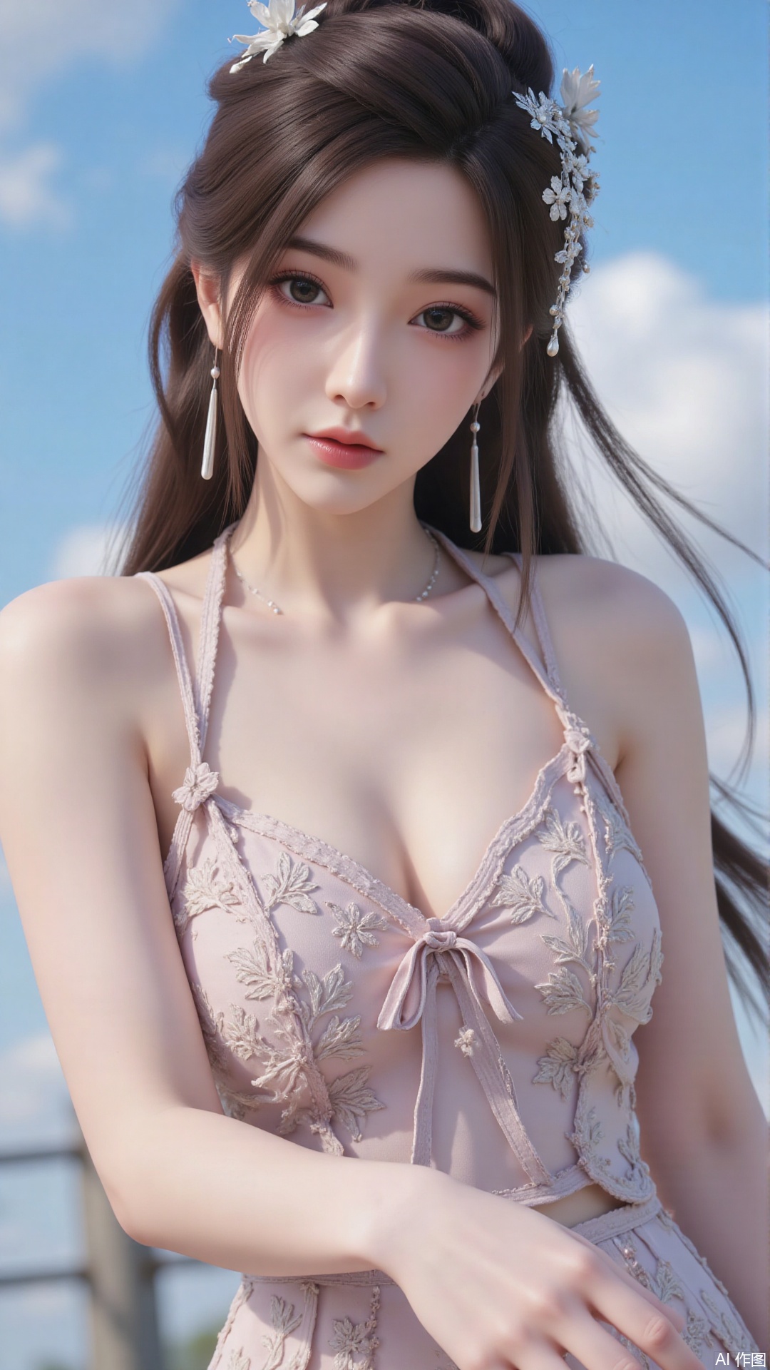 Very detailed face, extremely detailed eyes and face, blue eyes, (vacuum), 8K wallpaper, light leak, beautiful and detailed girl, extremely detailed CGUnity8K wallpaper, an extremely detailed and beautiful, beautiful and detailed eyes, masterpiece, best quality, Real photo level, (frontal shooting panoramic perspective), ( (Full body photo)), dynamic angle, dynamic pose, solo, ancient style silver hairpin with petals, blue sky and white clouds, (C cup), (huge round breasts), slender legs, super good figure, stunning beauty, (whole body in the mirror) , (wearing Lolita nightgown), (light reflects the shadow of the body through the clothes),vacuum,bare and smooth