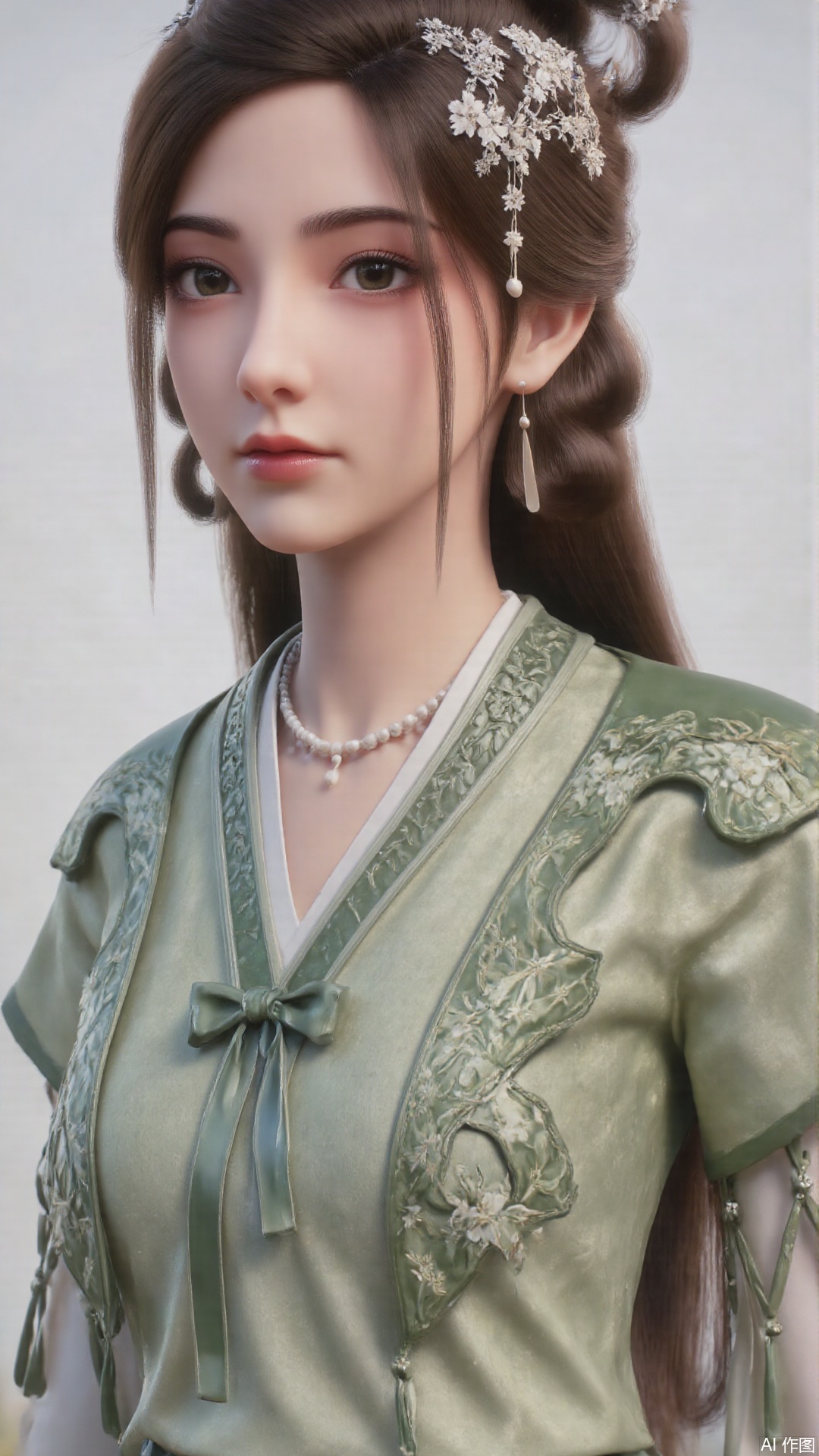 1girl, long hair, solo, green dress, hair ornament, black hair, chinese clothes, mischevious smile, perfect body, scenery, sharp focus, best quality, masterpiece, detailed outfit, illustration, perfect eyes, finely detailed beautiful anime eyes, realistic skin, intricate details, best lighting, depth of field, ultra high resolution, sitting