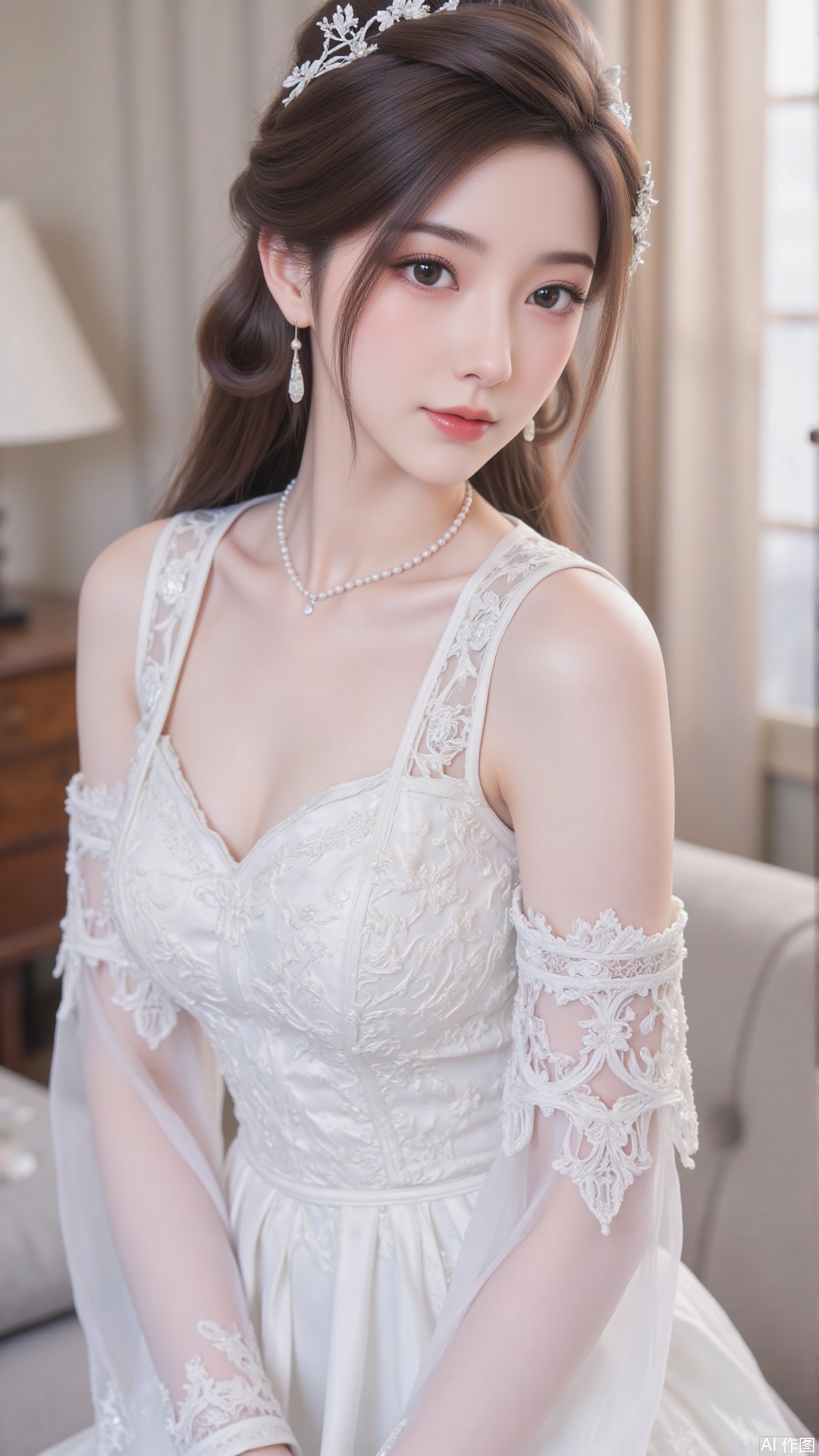 1girl, white wedding dress,looking at viewer, mischevious smile, perfect body, scenery, sharp focus, best quality, masterpiece, detailed outfit, illustration, perfect eyes, finely detailed beautiful anime eyes, realistic skin, intricate details, best lighting, depth of field, ultra high resolution, cowboy_shot, bride