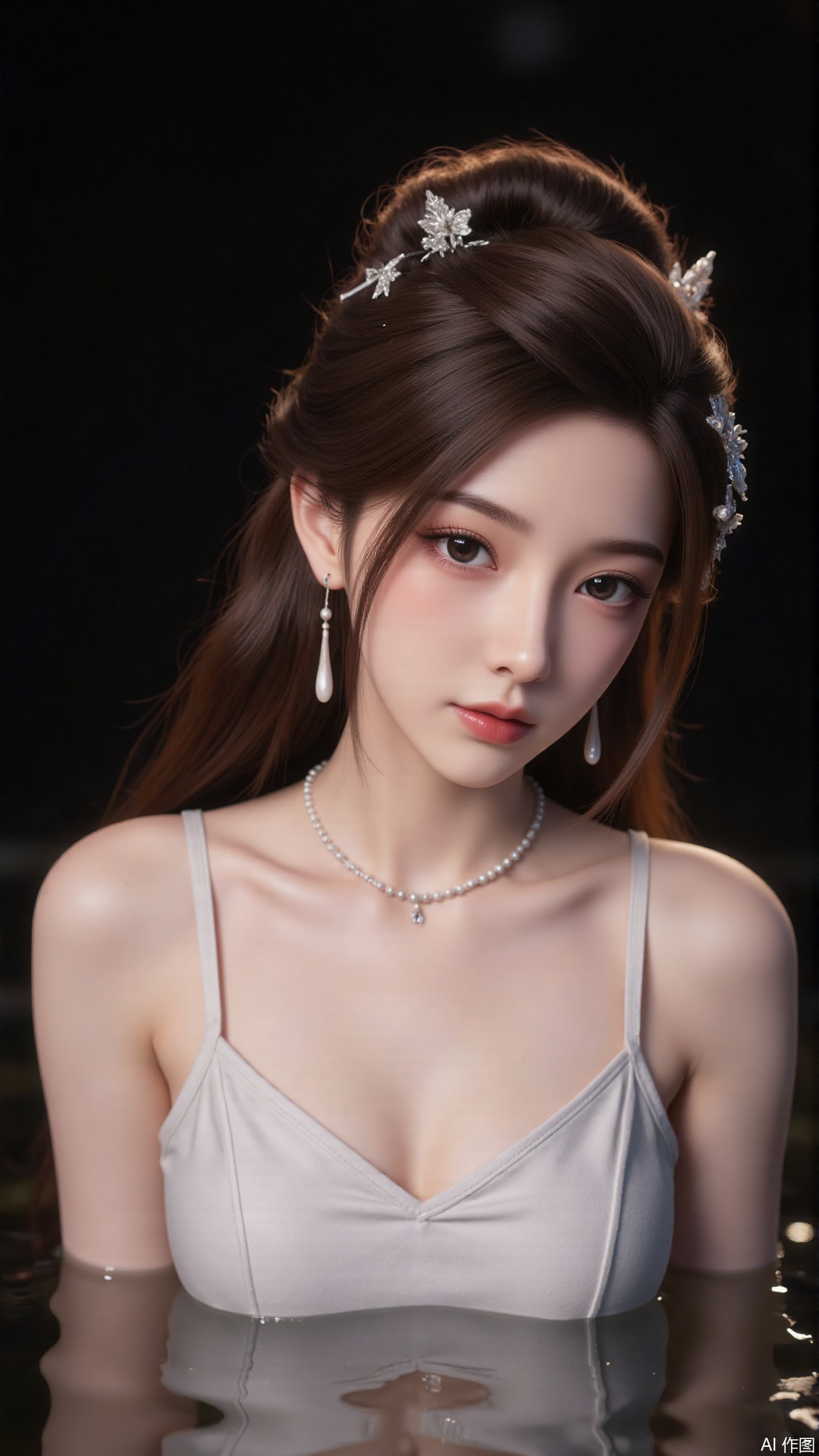 1girl, solo, long hair, red lips,looking at viewer, upper body, glowing hair,hair ornament,white sling shirt,bare shoulders,in water,hair bun,ribbon,earrings,black background,light,dark background