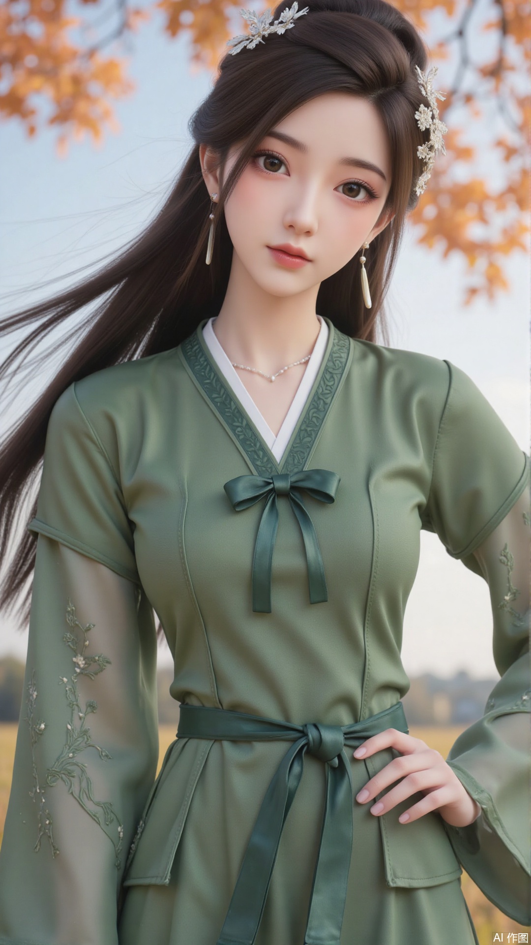 1girl, long hair, solo, green dress, hair ornament, black hair, chinese clothes, mischevious smile, perfect body, scenery, sharp focus, best quality, masterpiece, detailed outfit, illustration, perfect eyes, finely detailed beautiful anime eyes, realistic skin, intricate details, best lighting, depth of field, ultra high resolution, cowboy shot