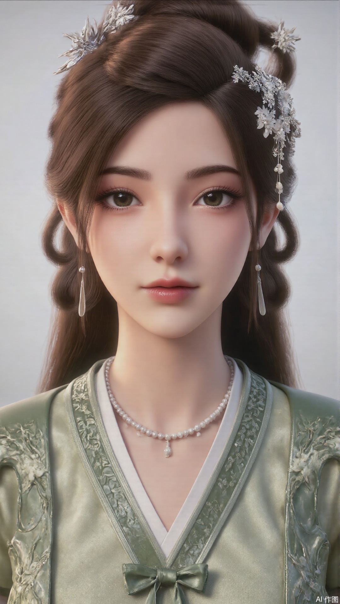 1girl, long hair, solo, green dress, hair ornament, black hair, chinese clothes, mischevious smile, perfect body, scenery, sharp focus, best quality, masterpiece, detailed outfit, illustration, perfect eyes, finely detailed beautiful anime eyes, realistic skin, intricate details, best lighting, depth of field, ultra high resolution, cowboy shot