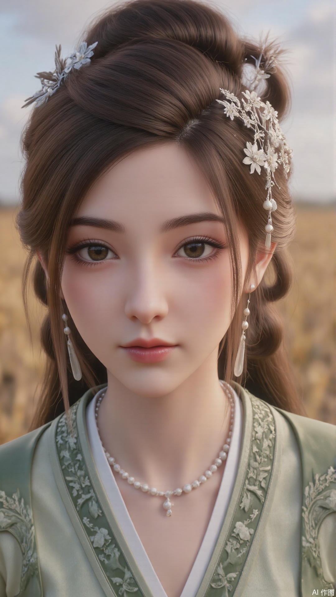 1girl, long hair, solo, green dress, hair ornament, black hair, chinese clothes, mischevious smile, perfect body, scenery, sharp focus, best quality, masterpiece, detailed outfit, illustration, perfect eyes, finely detailed beautiful anime eyes, realistic skin, intricate details, best lighting, depth of field, ultra high resolution, cowboy shot