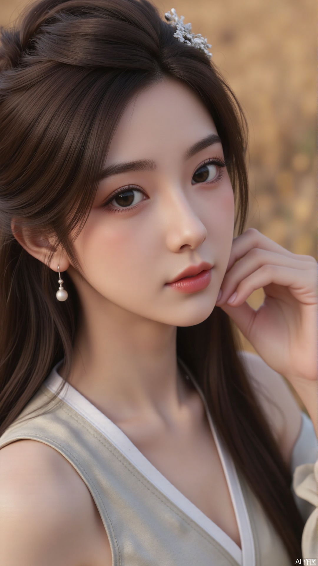  a asian woman, sexy long hair, blue eyes, charming and seductive temperament, distant close-up, golden ratio, movie texture, minimalism, high-end feeling, strong contrast between cold and warm, outdoor scenes, 