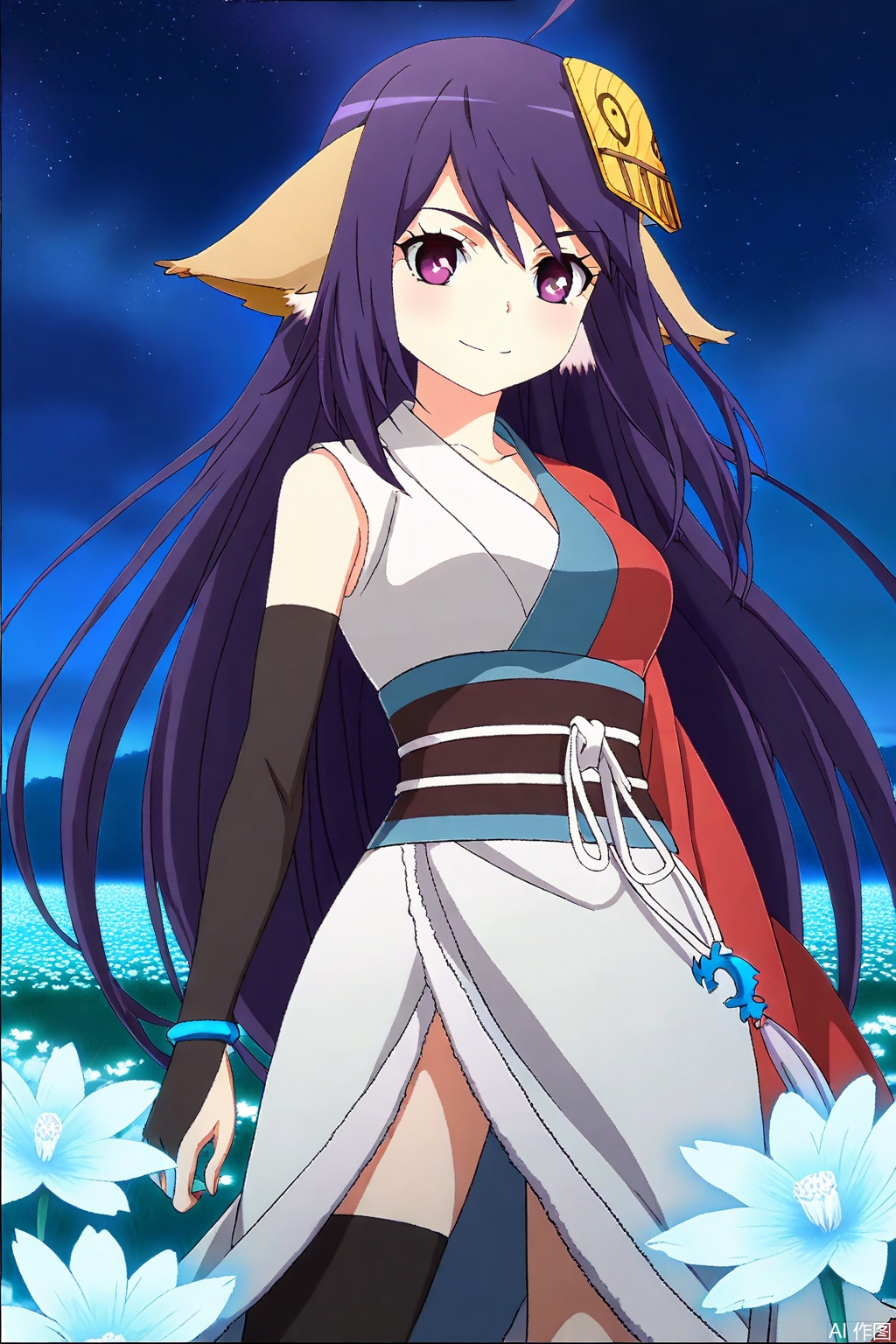 1girl, solo, long hair, looking at viewer, smile, hair ornament, very long hair, purple eyes, ahoge, japanese clothes, kimono, sash, masterpiece,best quality,official art,extremely detailed CG unity 8k wallpaper,,Thigh exposed,thighhighs,looking at viewer,in a meadow,