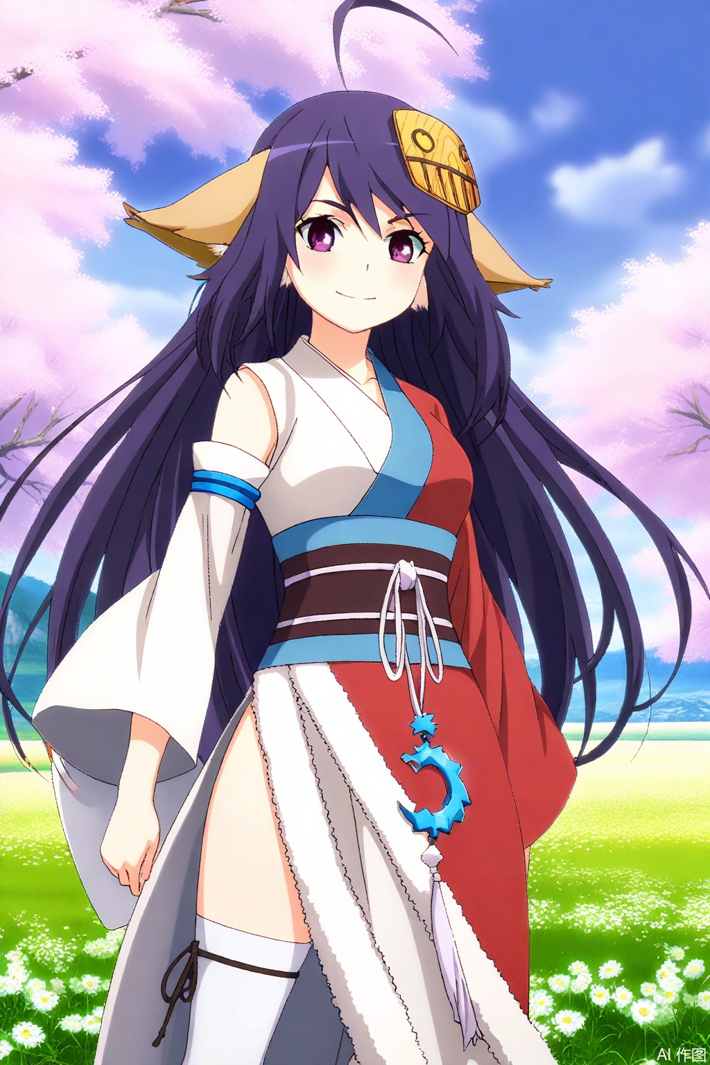 1girl, solo, long hair, looking at viewer, smile, hair ornament, very long hair, purple eyes, ahoge, japanese clothes, kimono, sash, masterpiece,best quality,official art,extremely detailed CG unity 8k wallpaper,,Thigh exposed,thighhighs,looking at viewer,in a meadow,