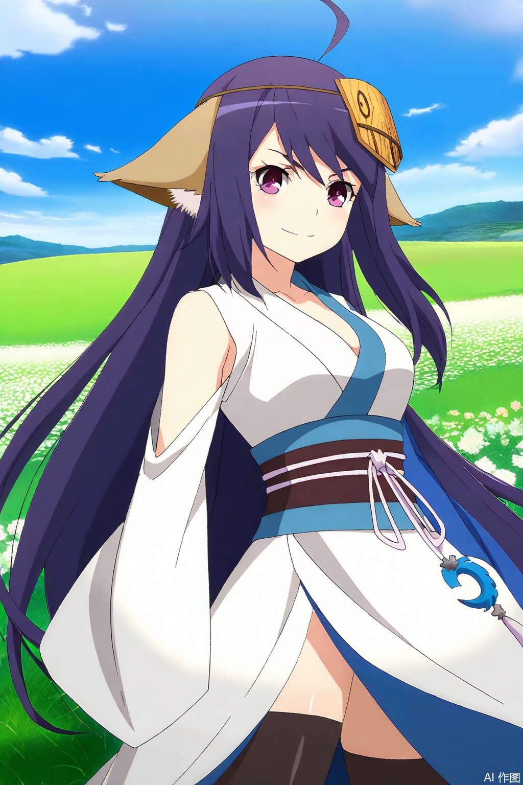 1girl, solo, long hair, looking at viewer, smile, hair ornament, very long hair, purple eyes, ahoge, japanese clothes, kimono, sash, masterpiece,best quality,official art,extremely detailed CG unity 8k wallpaper,,Thigh exposed,thighhighs,looking at viewer,in a meadow,