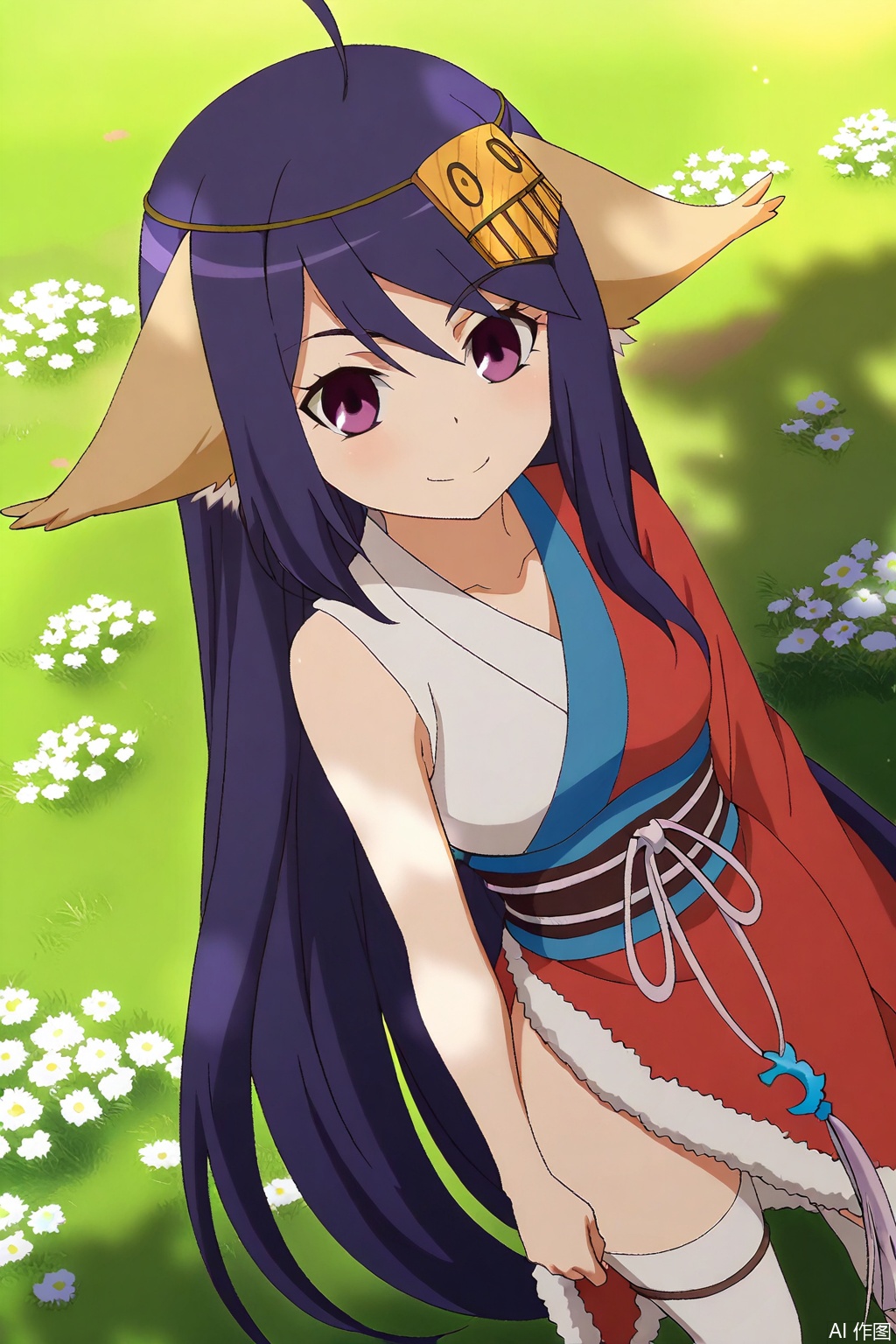 1girl, solo, long hair, looking at viewer, smile, hair ornament, very long hair, purple eyes, ahoge, japanese clothes, kimono, sash, masterpiece,best quality,official art,extremely detailed CG unity 8k wallpaper,,Thigh exposed,thighhighs,looking at viewer,in a meadow,