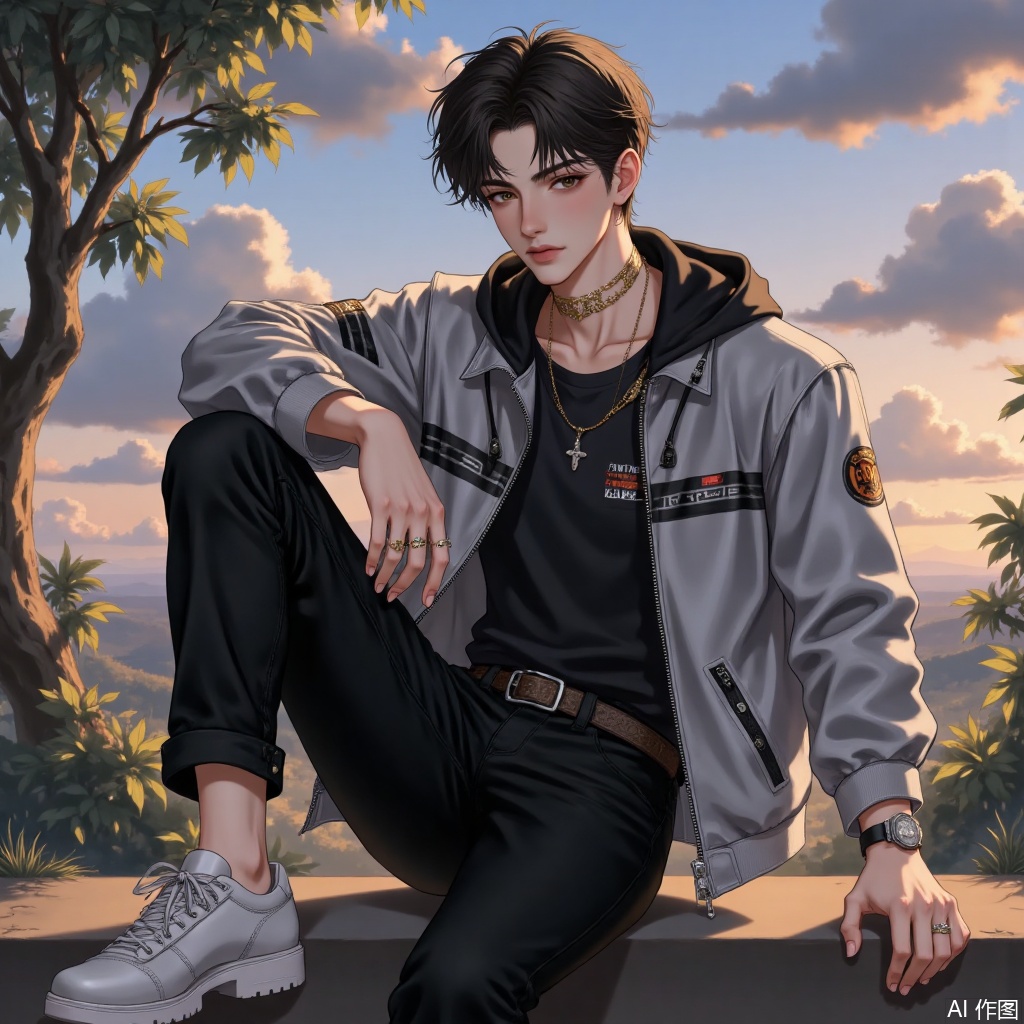 solo, looking at viewer, short hair, black hair, long sleeves, 1boy, jewelry, sitting, jacket, male focus, earrings, outdoors, sky, shoes, belt, pants, cloud, hood, necklace, tree, hoodie, black pants, white footwear, ring, hood down, denim, ground vehicle, sneakers, motor vehicle, knee up, pocket, sunset, watch, wristwatch