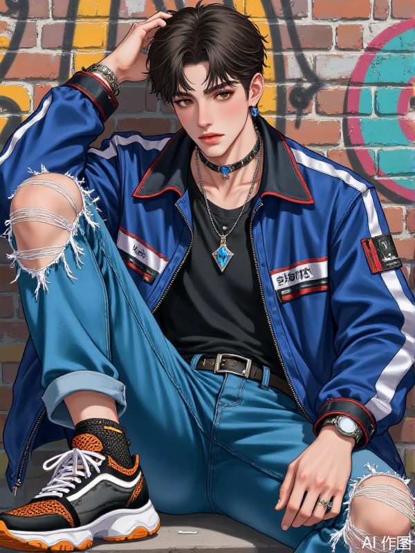 A young man is sitting in front of a graffiti wall. He is wearing a blue jacket with red and white trimmings, a black T-shirt underneath, and a necklace with a blue gem pendant around his neck. He has earrings in his ears and a watch on his wrist. He is wearing blue jeans with ripped knees and rolled-up cuffs, revealing black and orange mesh socks on his ankles. He is wearing black and white sneakers on his feet. The graffiti wall in the background is covered with various colors of graffiti, adding to the street art atmosphere.