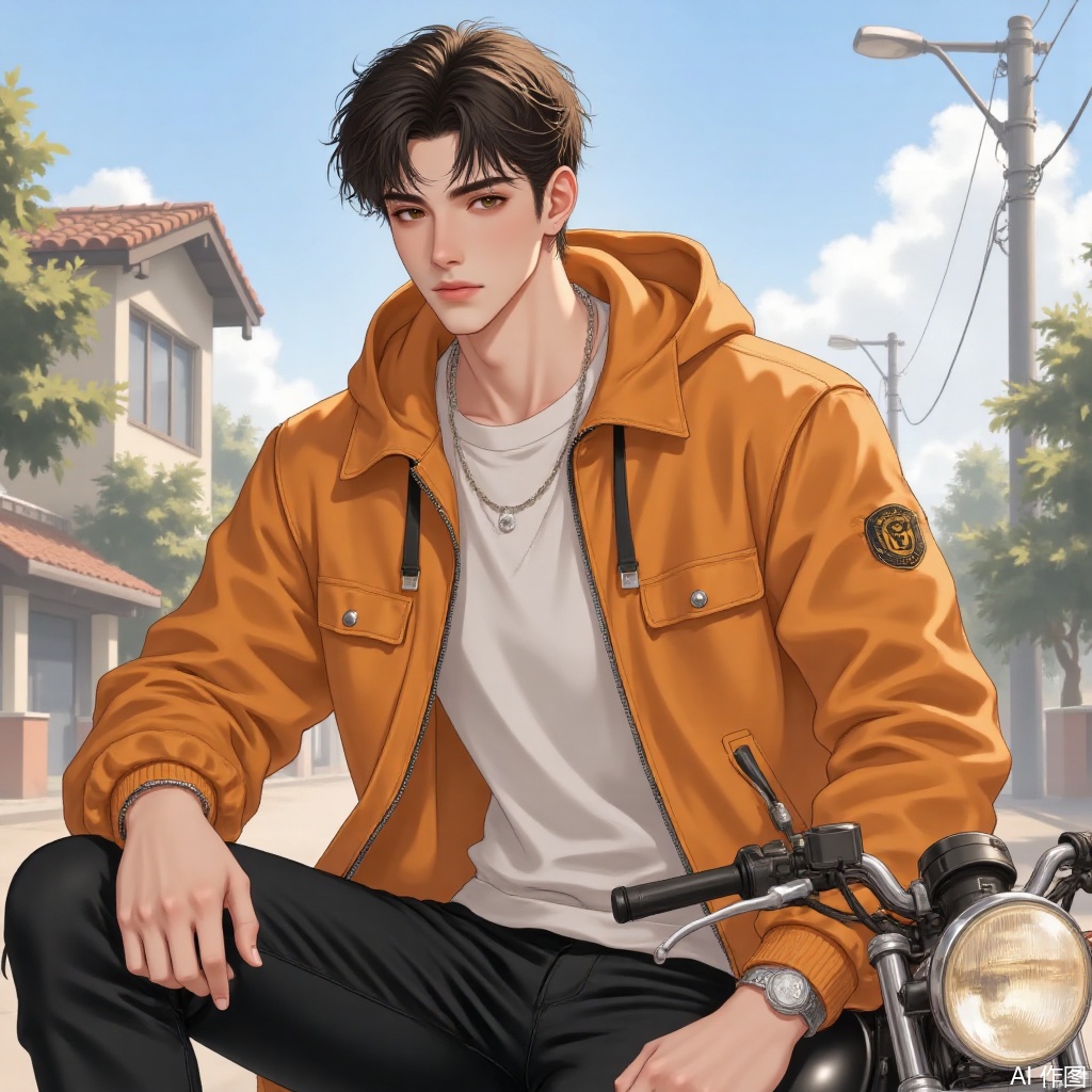 The hero of the anime, wearing an orange sweatshirt, sitting on a motorcycle