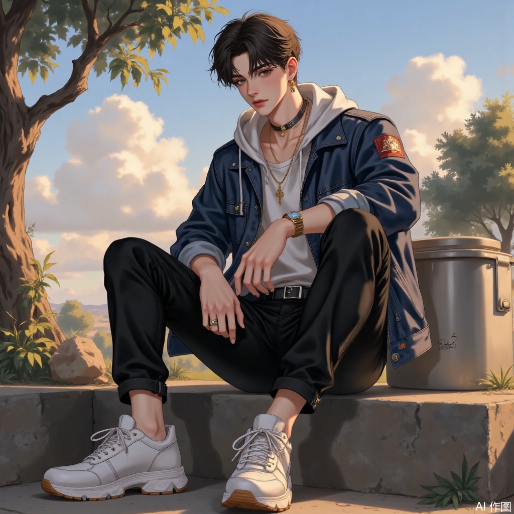 solo, looking at viewer, short hair, black hair, long sleeves, 1boy, jewelry, sitting, jacket, male focus, earrings, outdoors, sky, shoes, belt, pants, cloud, hood, necklace, tree, hoodie, black pants, white footwear, ring, hood down, denim, ground vehicle, sneakers, motor vehicle, knee up, pocket, sunset, watch, wristwatch