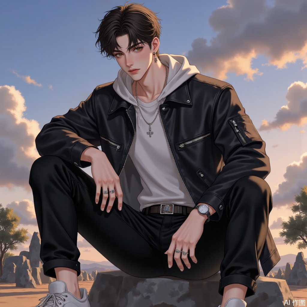 solo, looking at viewer, short hair, black hair, long sleeves, 1boy, jewelry, sitting, jacket, male focus, earrings, outdoors, sky, shoes, belt, pants, cloud, hood, necklace, tree, hoodie, black pants, white footwear, ring, hood down, denim, ground vehicle, sneakers, motor vehicle, knee up, pocket, sunset, watch, wristwatch