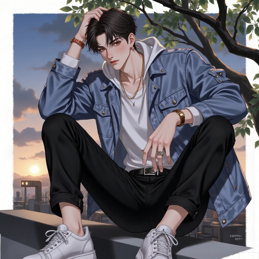 solo, looking at viewer, short hair, black hair, long sleeves, 1boy, jewelry, sitting, jacket, male focus, earrings, outdoors, sky, shoes, belt, pants, cloud, hood, necklace, tree, hoodie, black pants, white footwear, ring, hood down, denim, ground vehicle, sneakers, motor vehicle, knee up, pocket, sunset, watch, wristwatch