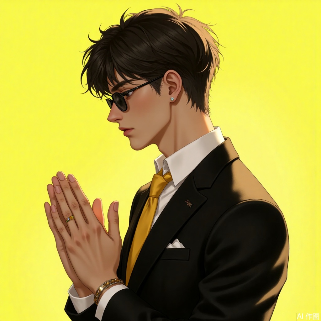 solo, short hair, shirt, black hair, long sleeves, 1boy, jewelry, closed mouth, jacket, white shirt, upper body, male focus, necktie, collared shirt, dark skin, bracelet, from side, black jacket, hands up, profile, formal, sunglasses, dark-skinned male, own hands together, suit, yellow background, backlighting, yellow necktie, praying