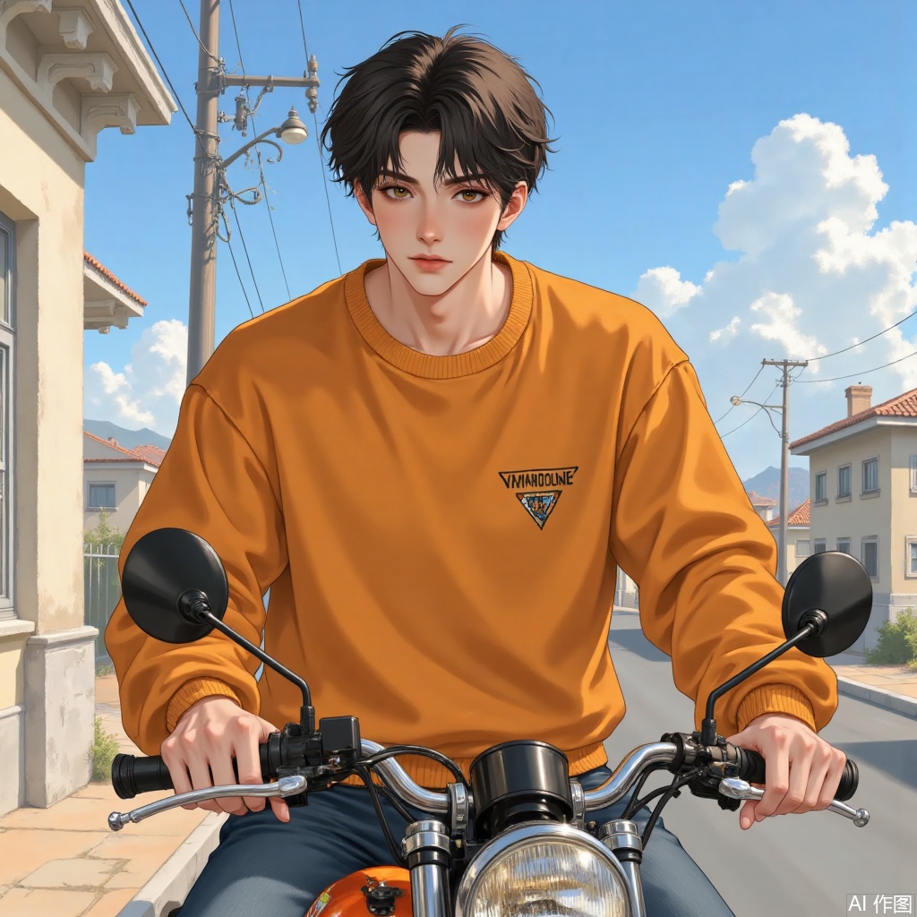 The hero of the anime, wearing an orange sweatshirt, sitting on a motorcycle