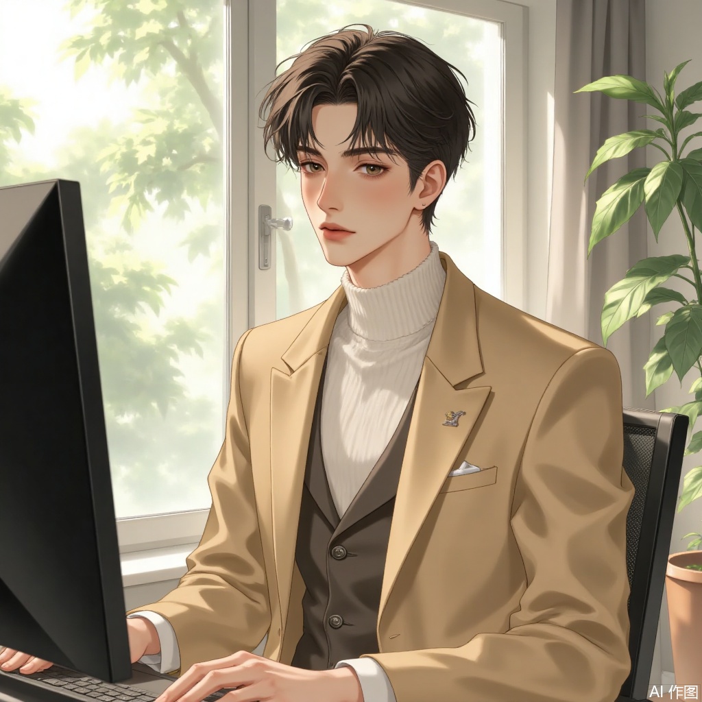 Anime male protagonist, handsome face, wearing a beige suit, sitting in front of the computer
