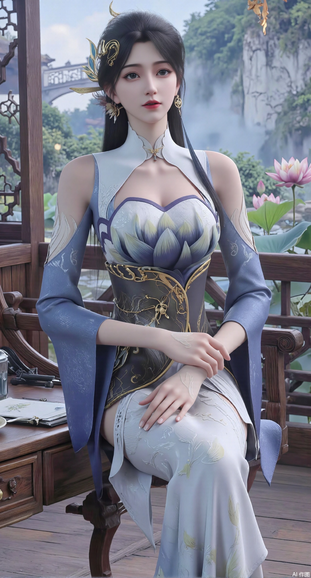  (masterpiece, best quality:1.2),1girl, solo, long dress,Ancient princess's boudoir with bright color palette,,(huge breasts:2.59),(full breasts:2.39), Hanfu-clad maiden sitting by latticed window desk in romantic daydreaming posture, classical Chinese garden through window showcasing lotus pond filled with blooming pink and white lotuses, delicate ink-wash painting style, interior featuring rosewood furniture with mother-of-pearl inlay, silk curtains fluttering in breeze, porcelain stationery set on desk, distant view of curved bridges and pavilions in garden, ultra HD rendering with crisp details on embroidered garments and translucent lotus petals,,(huge breasts:2.99),(full breasts:2.99),,XyunyunXY,Xmeining,Xjiangziyue,Xweinina,Xyunxiao,Xxiaoqingxue,Xlenhuan,Xhuajin,Xjiangbilan,XbaihehuaiX,Xyinxuehou