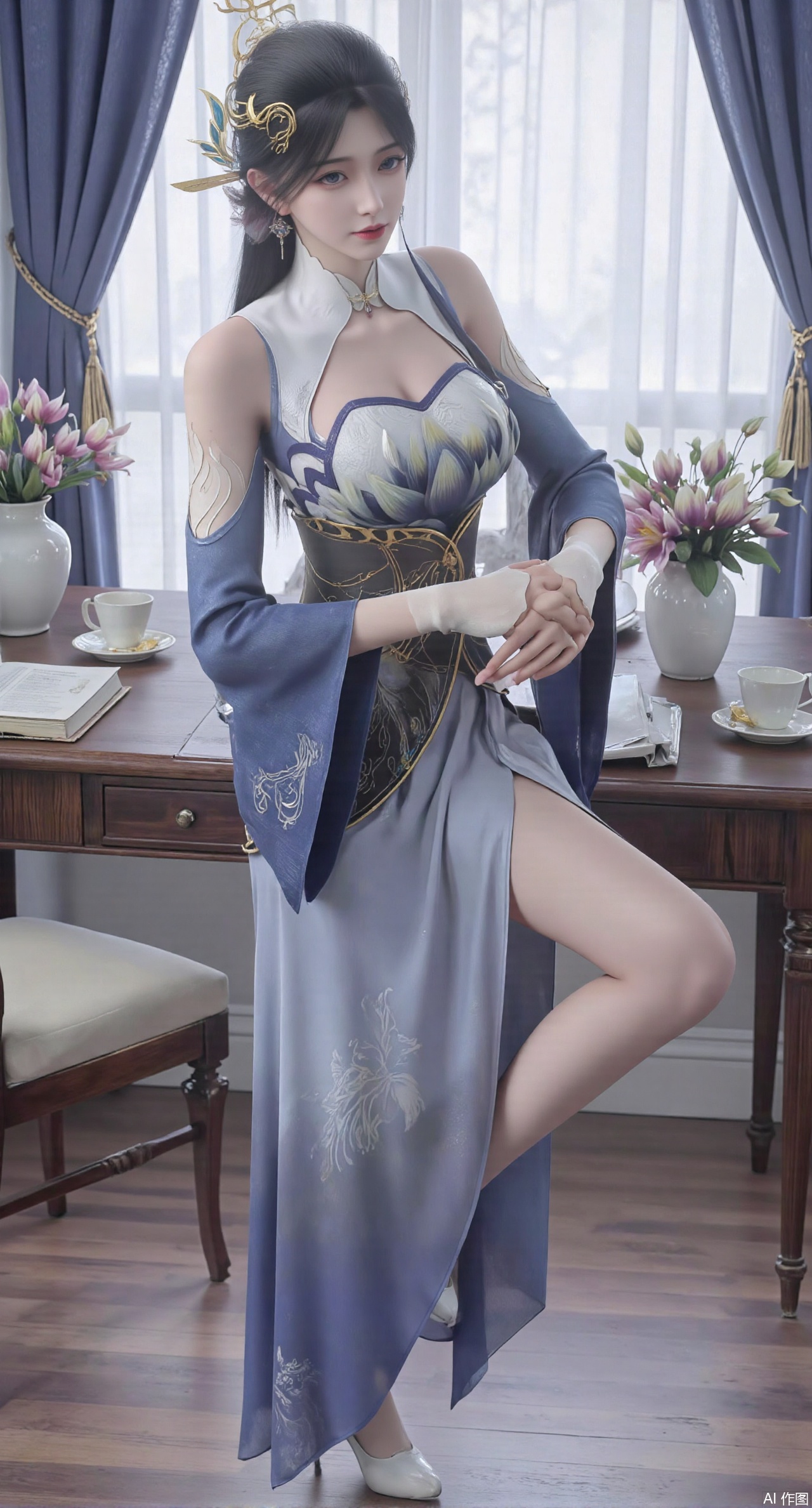 (masterpiece:1.2),Ultra clear, wallpaper, 8k, masterpiece, 1girl, solo, long hair, breasts, looking at viewer, bangs, large breasts,long dress,, bare shoulders, jewelry, black hair, standing, purple eyes, full body, flower, thighs, indoors, hair bun, long dress, high heels, cup, see-through, book, bare legs, window, table, white footwear, standing on one leg, curtains, pink flower, side slit, vase, ,(huge breasts:2.99),(full breasts:2.99),phone screen,XyunyunXY,Xmeining,Xjiangziyue,Xweinina,Xyunxiao,Xxiaoqingxue,Xlenhuan,Xhuajin,Xjiangbilan,XbaihehuaiX,Xyinxuehou
